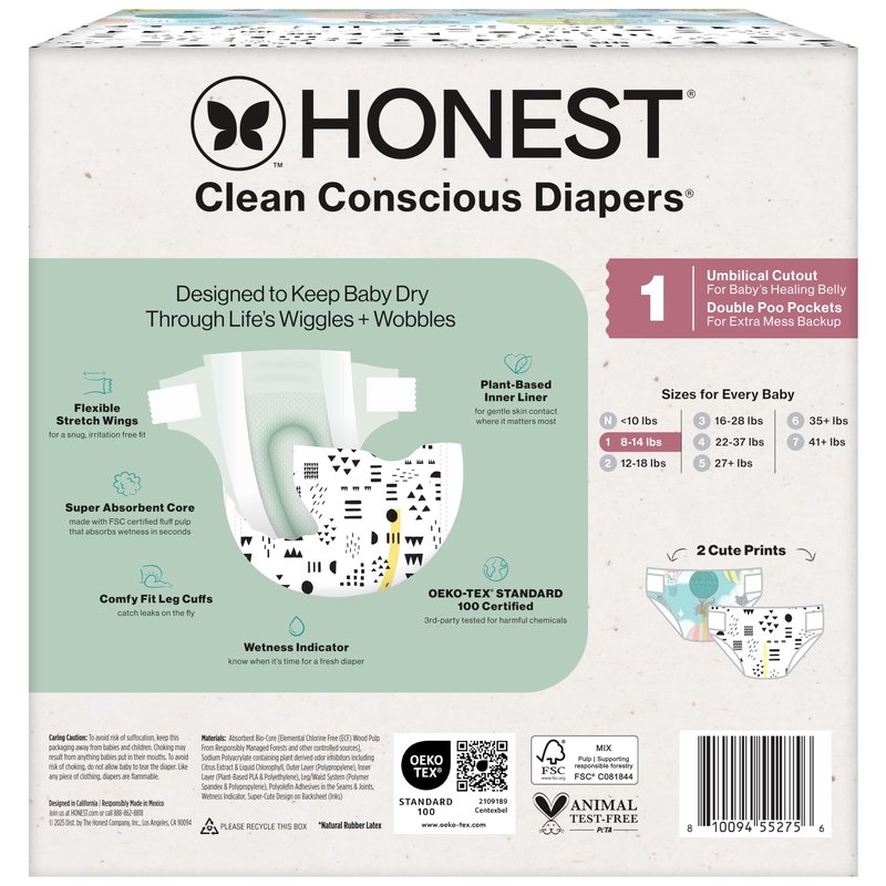 The Honest Company Comfort Dry Disposable Daytime Diapers, Hypoallergenic, Fragrance-Free, Sensitive Skin, Above It All + Pattern Play, Club Box Size 1 (8–14 lbs), 78 Count