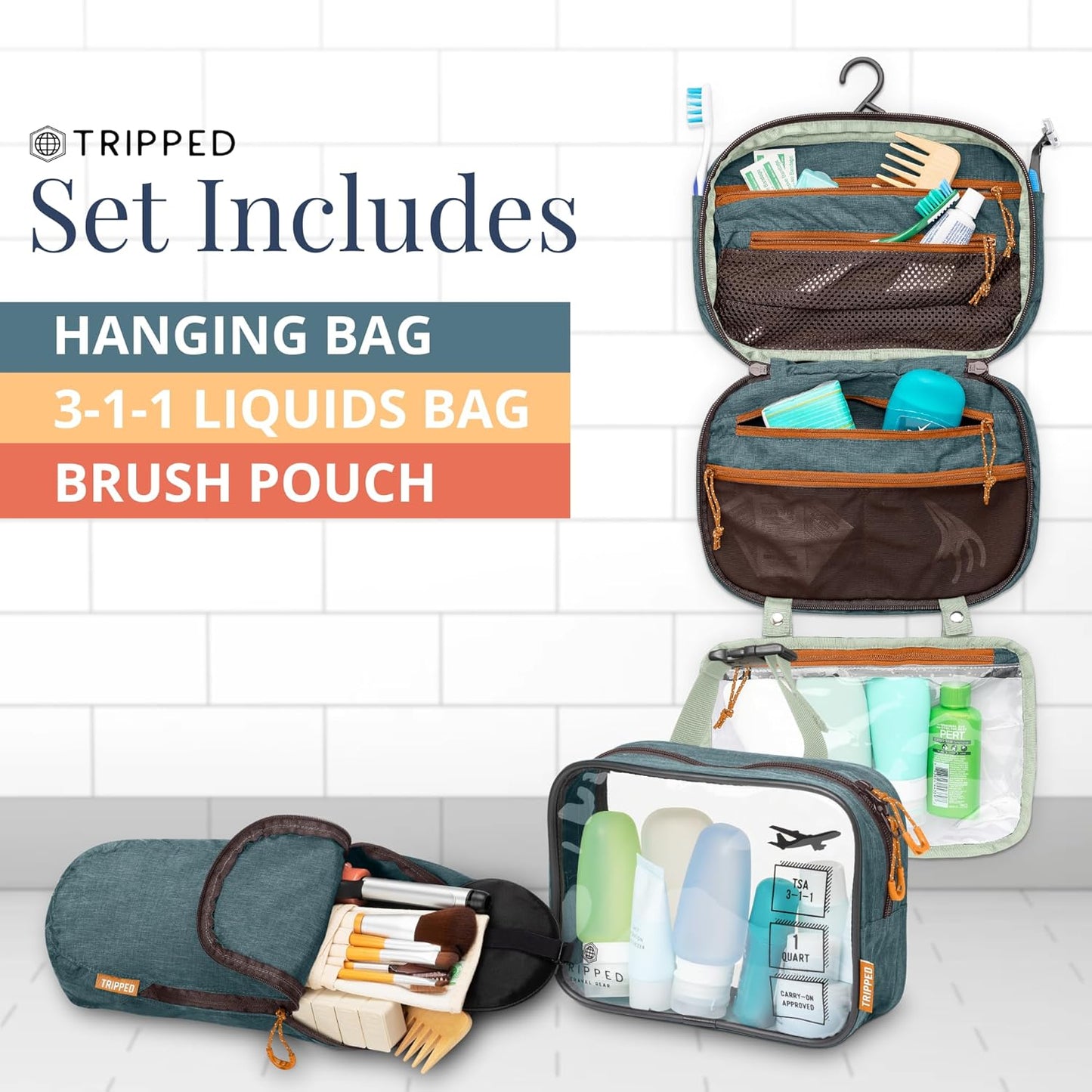 Travel Toiletry Bag Set - Hanging Organizer + TSA-Approved Liquid Bag + Ultralight Accessory Pouch