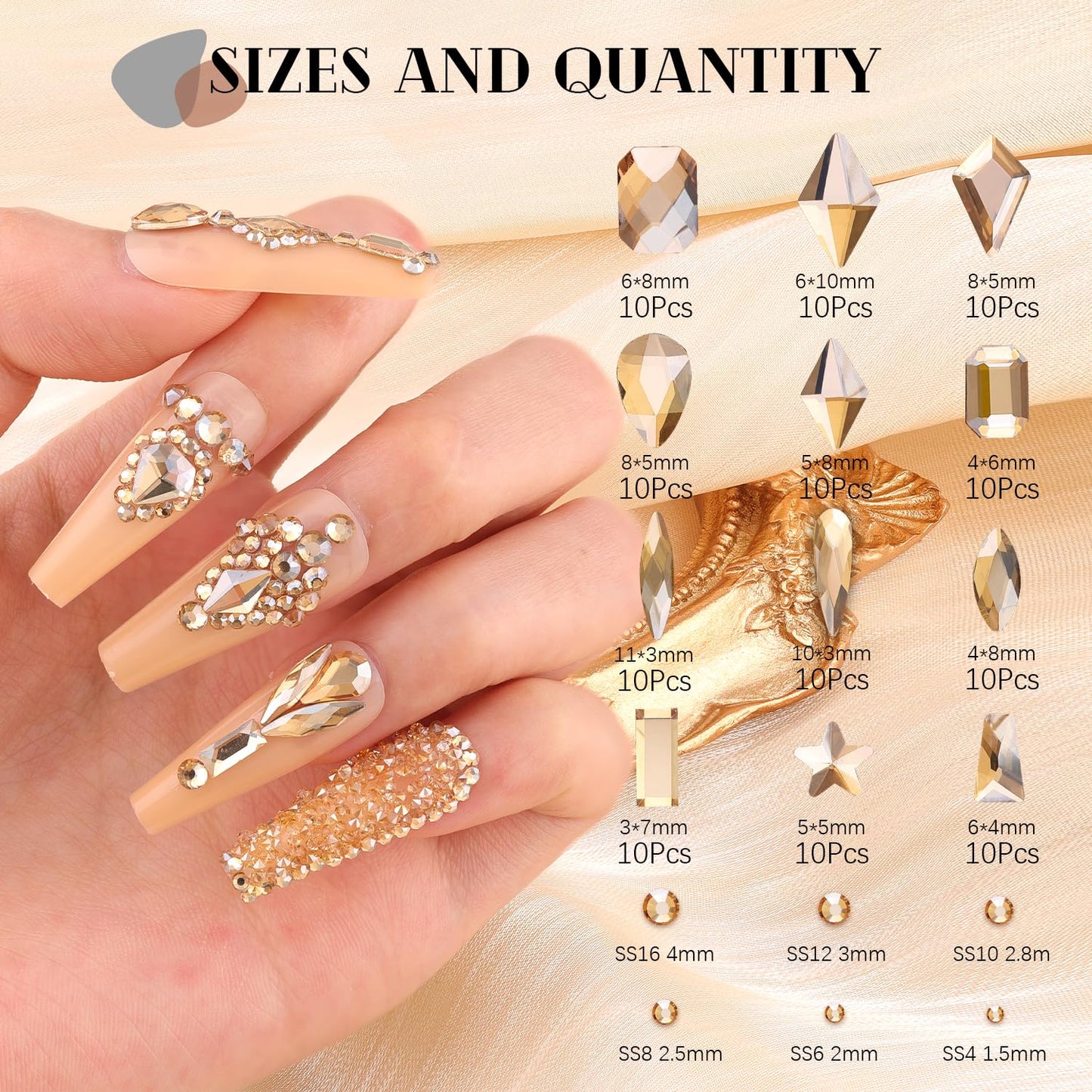 3220Pcs Champagne Gold Nail Rhinestones 120Pcs Multi Shapes Flatback Gems Charms Crystal+3100Pcs 1.5-4mm Round Beads, Glass Diamond Gemstones for Bedazzling Acrylic Nails Decoration