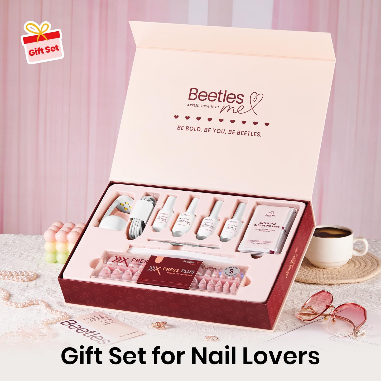 Beetles Press On Nail Kit-Short Square French Tip Press On Nails, 150Pcs Pink French Nail Tips with Nail Glue & Remover Builder Top Coat Nail Lamp, All-in-One DIY Fake Nails Gift for Women