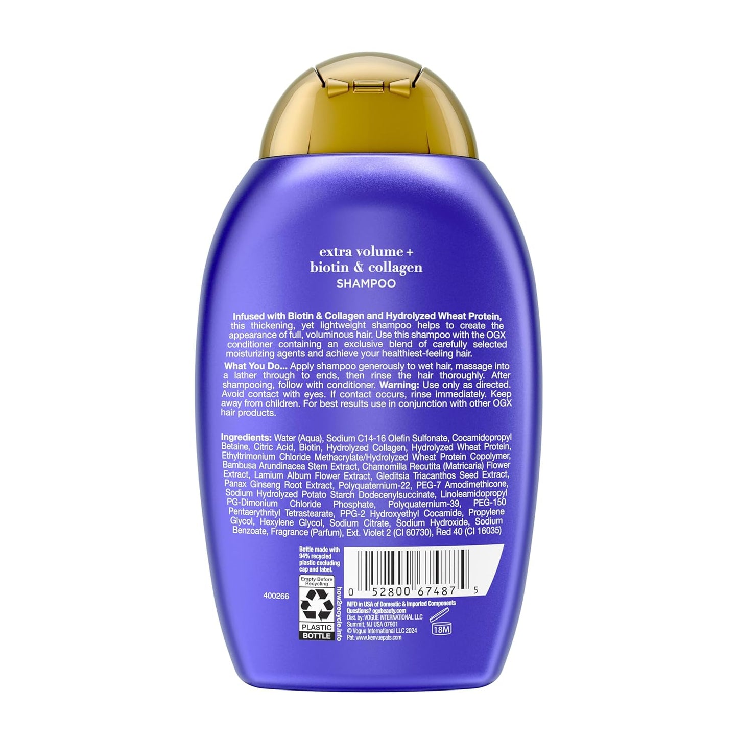 OGX Thick & Full + Biotin Collagen Extra Strength Volumizing Shampoo with Vitamin B7 Hydrolyzed Wheat Protein for Fine Hair. Sulfate-Free Surfactants Thicker, Fuller Hair, 13 Fl Oz