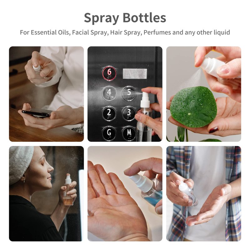 KEJJNYER 36 Pack 4oz Plastic Spray Bottles Bulk, Mini Clear Spray Bottles Fine Mist, 120ml Empty Spray Bottle for Travel Perfume Essential Oils Makeup Bottles (10 Funnel, 10 Labels)