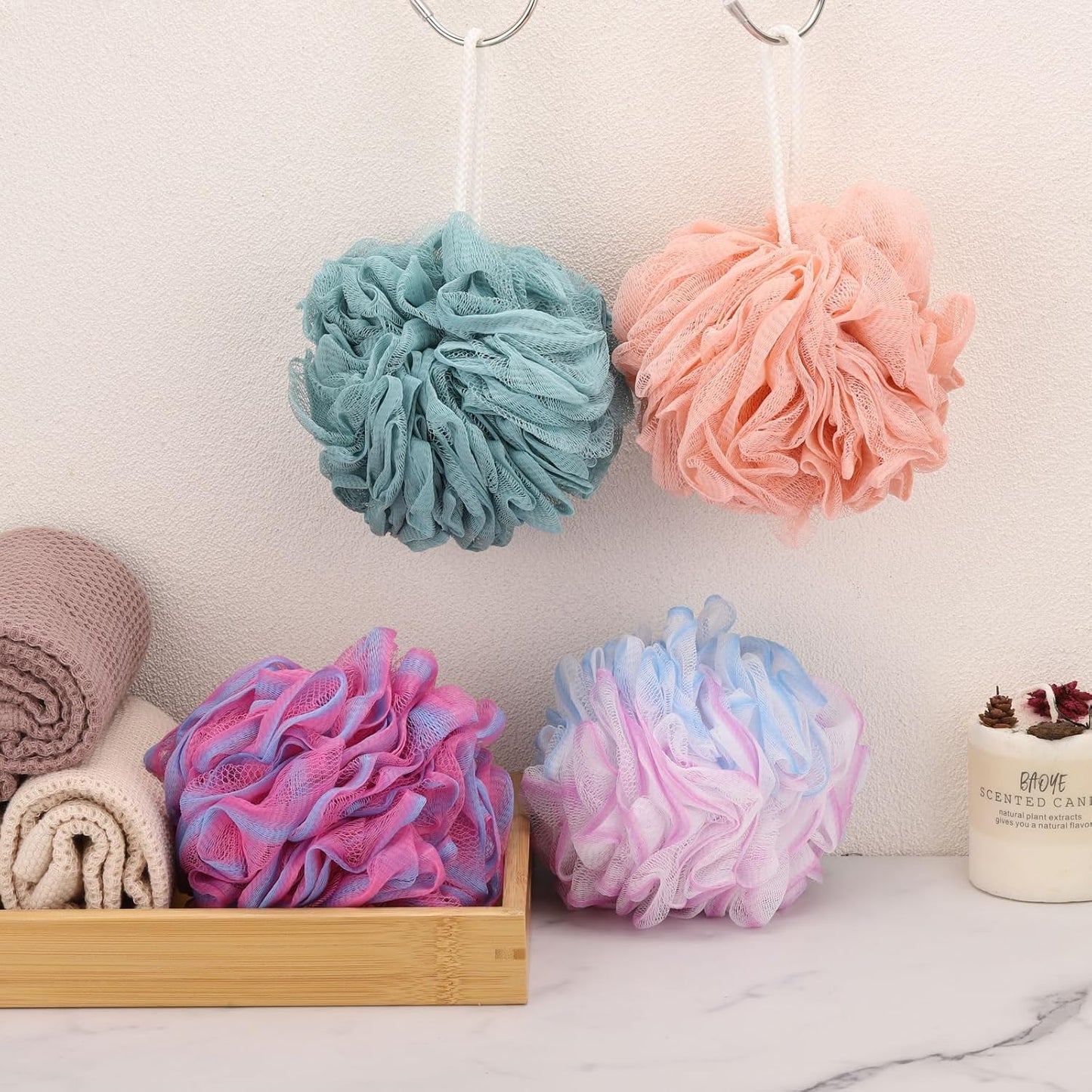 BTYMS Loofah Sponge 60 Gram Shower Pouf Bath Scrunchies Shower Puff Exfoliating Body Wash Scrubber Bath Puffs for Washing - Set of 4