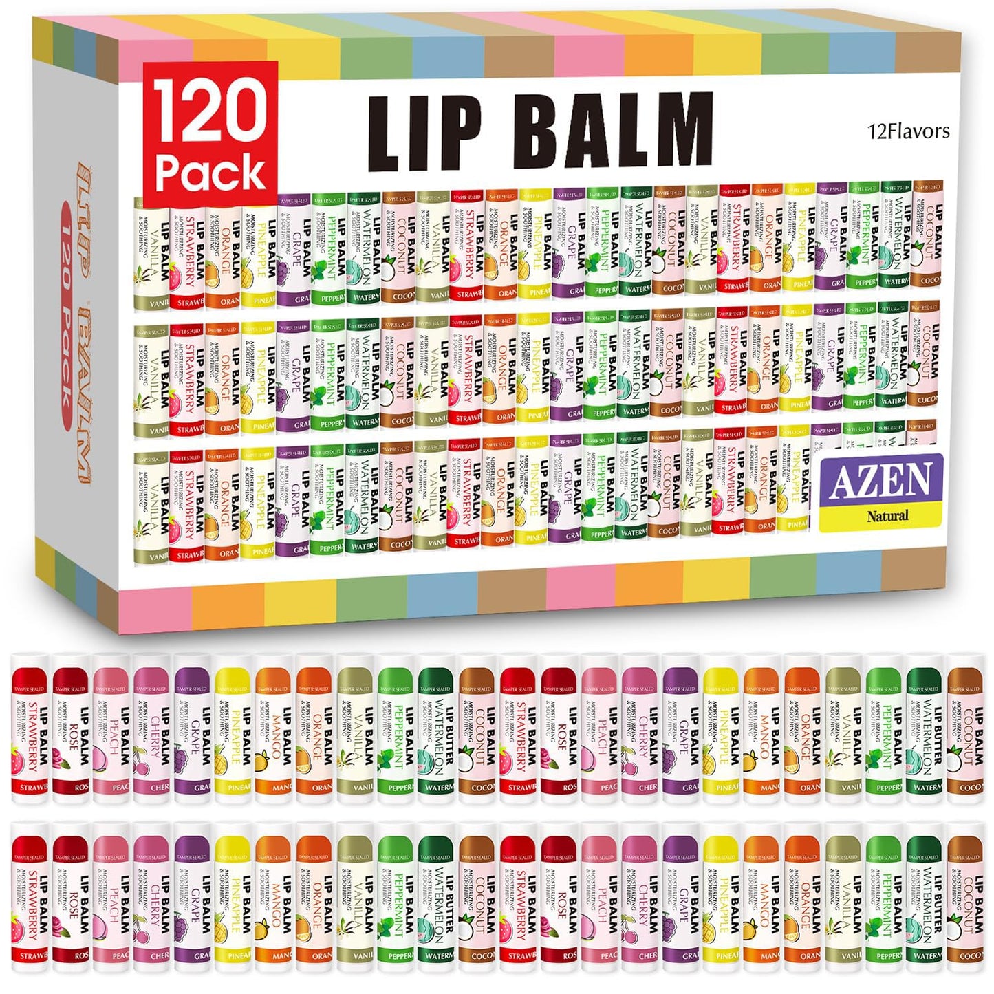 AZEN 24 Pack Lip Balm, Natural Lip Balm Bulk, Lip Care Product, Moisturizing Lip Balms for dry cracked lips - 12 Flavors