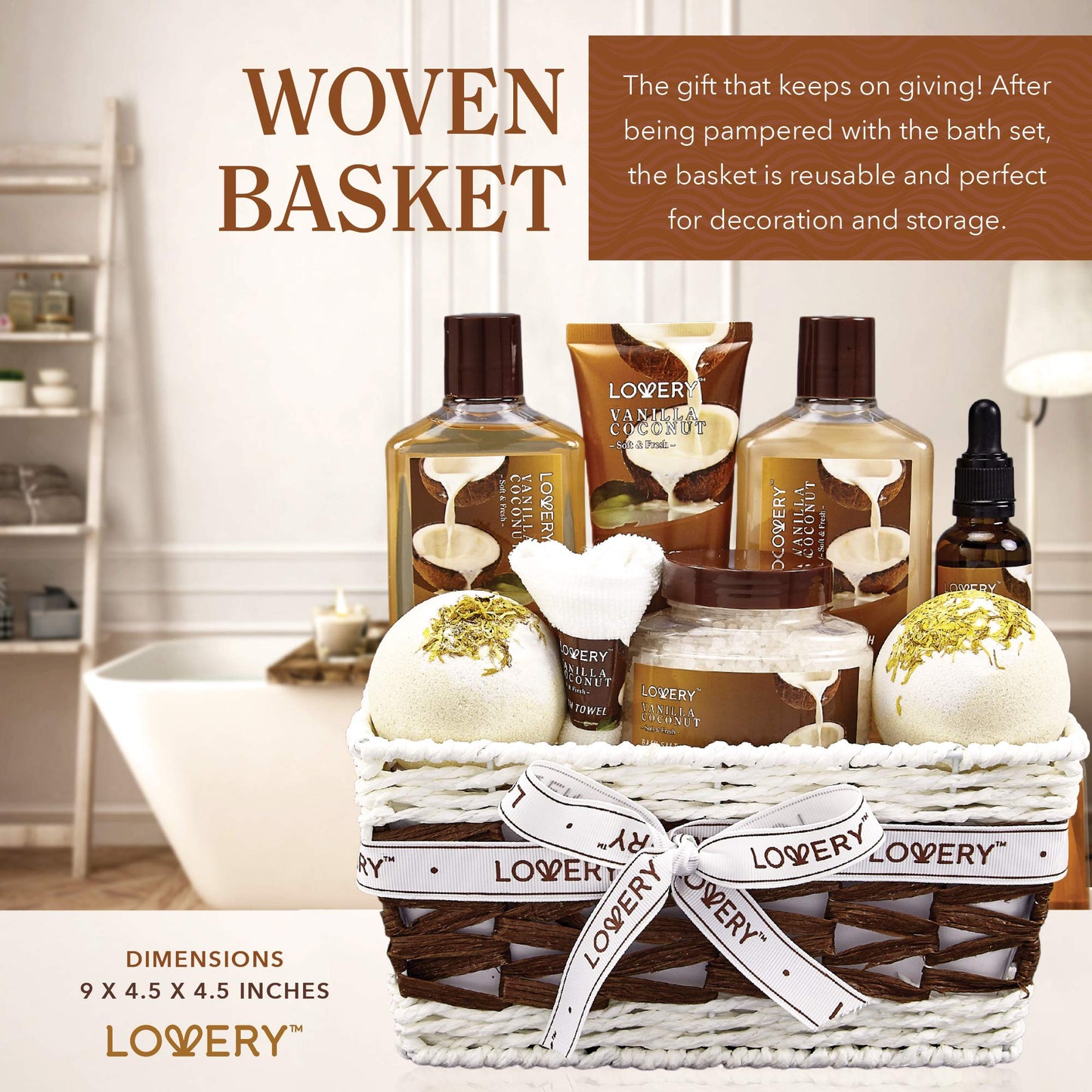 Gifts For Women Gift Basket for Womenβ 9 Piece Set of Vanilla Coconut Home Spa Set, Luxurious Gifts for Her, Bath and Body Sets Includes Fragrant Lotions, Large Bath Bombs, Coconut Oil