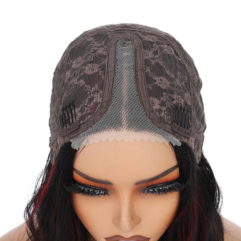 Rushinice Short Wavy Black Mixed Red Wig for Women, Lace Hairline Middle Part Bob Style Heat Resistant Synthetic Wigs Natural Looking for Daily Party 14 Inch
