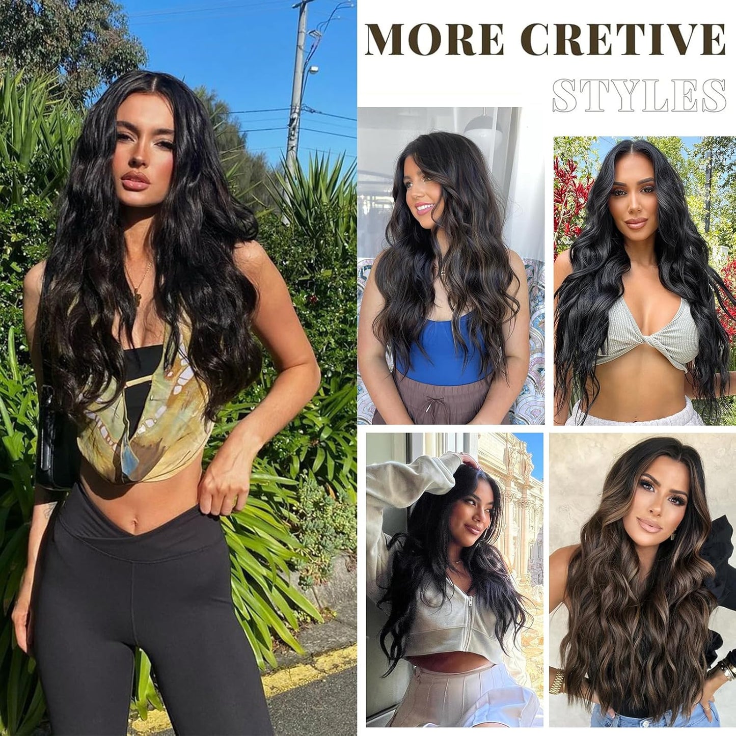 Clip In Hair Extensions - Natural Wavy Synthetic Hairpieces for Women | Black & Blonde Highlights - 20 Inch, 4 Pcs