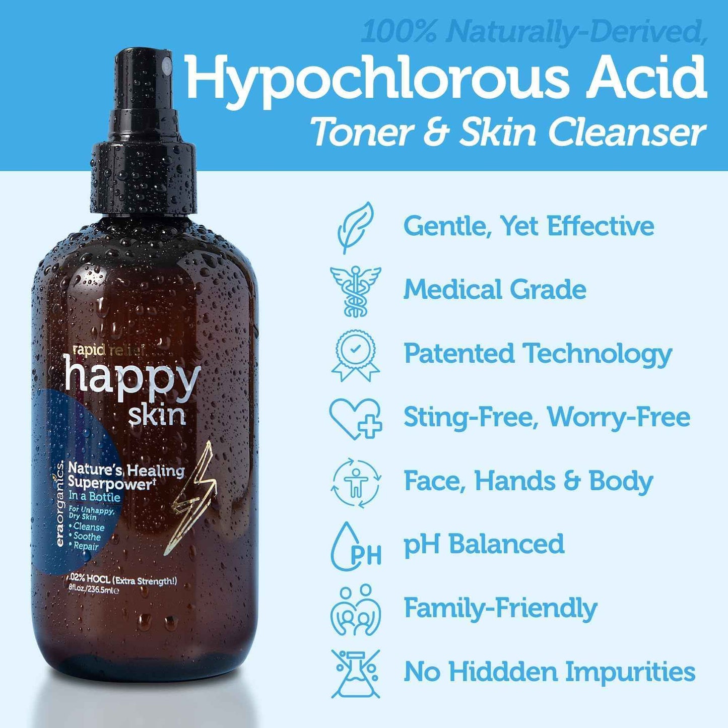 Happy Skin .02% Hypochlorous Acid Spray Toner– Extra Strength, Extra Gentle 100% Natural Toner & Skin Cleanser for Face & Body– Soothe, Hydrate & Repair Dry, Sensitive Skin– pH Balanced, Non-Toxic 8oz