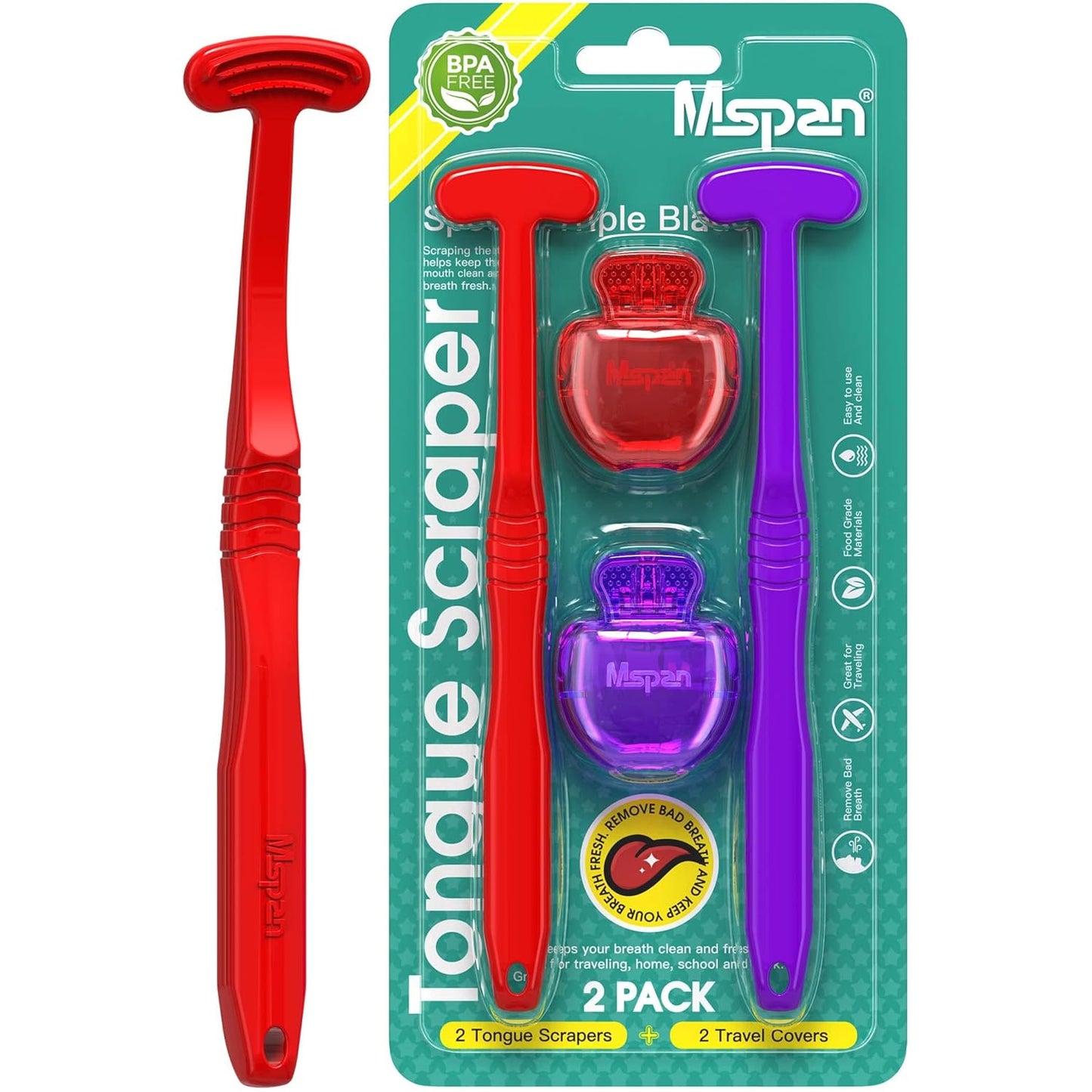 Mspan Tongue Scraper Cleaner Brush: Tongue Care Cleaning Scrubber with Plastic Travel Case Cover for Adults kids - Clean Oral Bad Breath Pink White 2 Pack