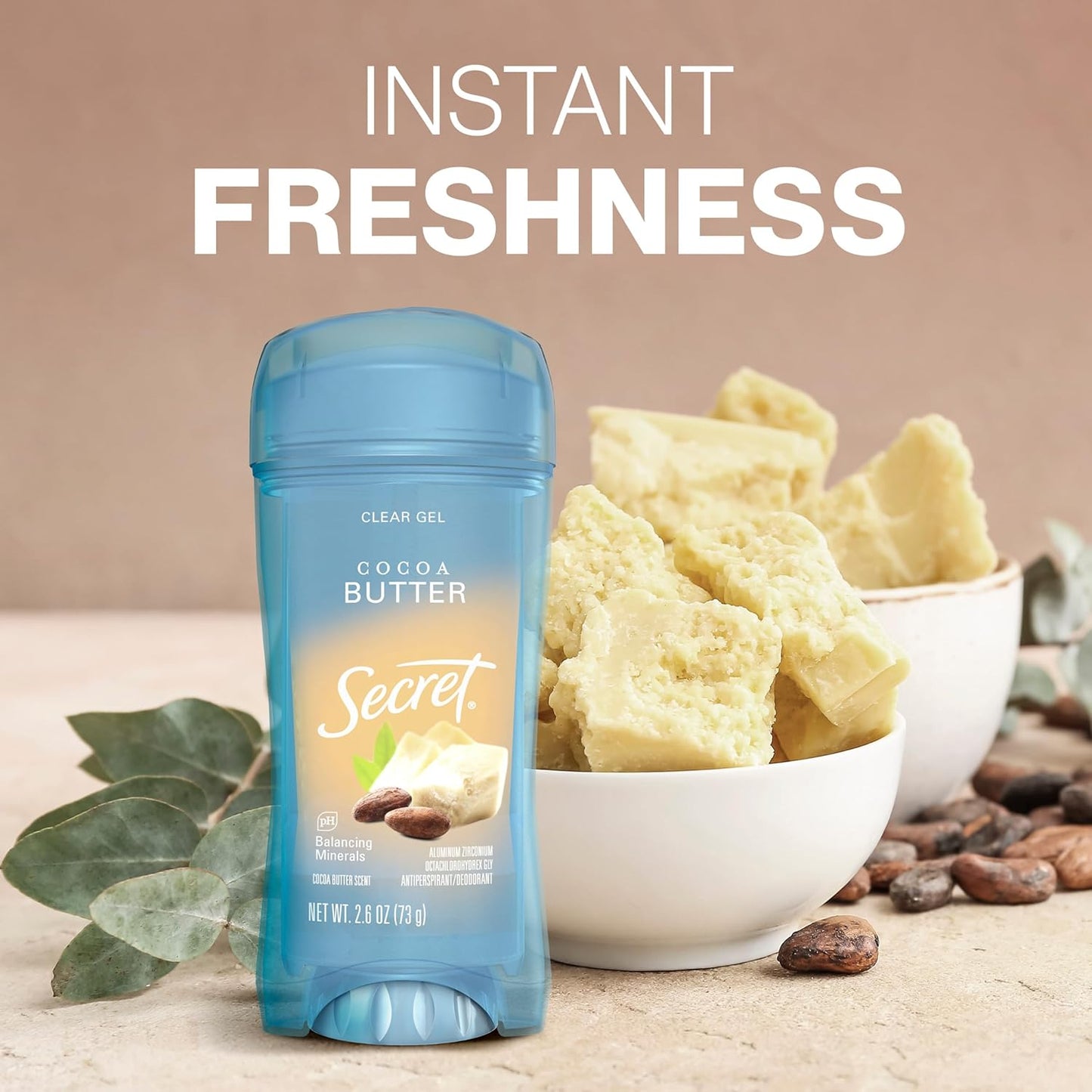 Secret Fresh Antiperspirant Deodorant for Women, 72hr Breathable Sweat & Odor Protection, Instant Freshness & Gentle, PH Balancing Minerals, Clear Gel, Cocoa Butter Scent, 2.6 oz