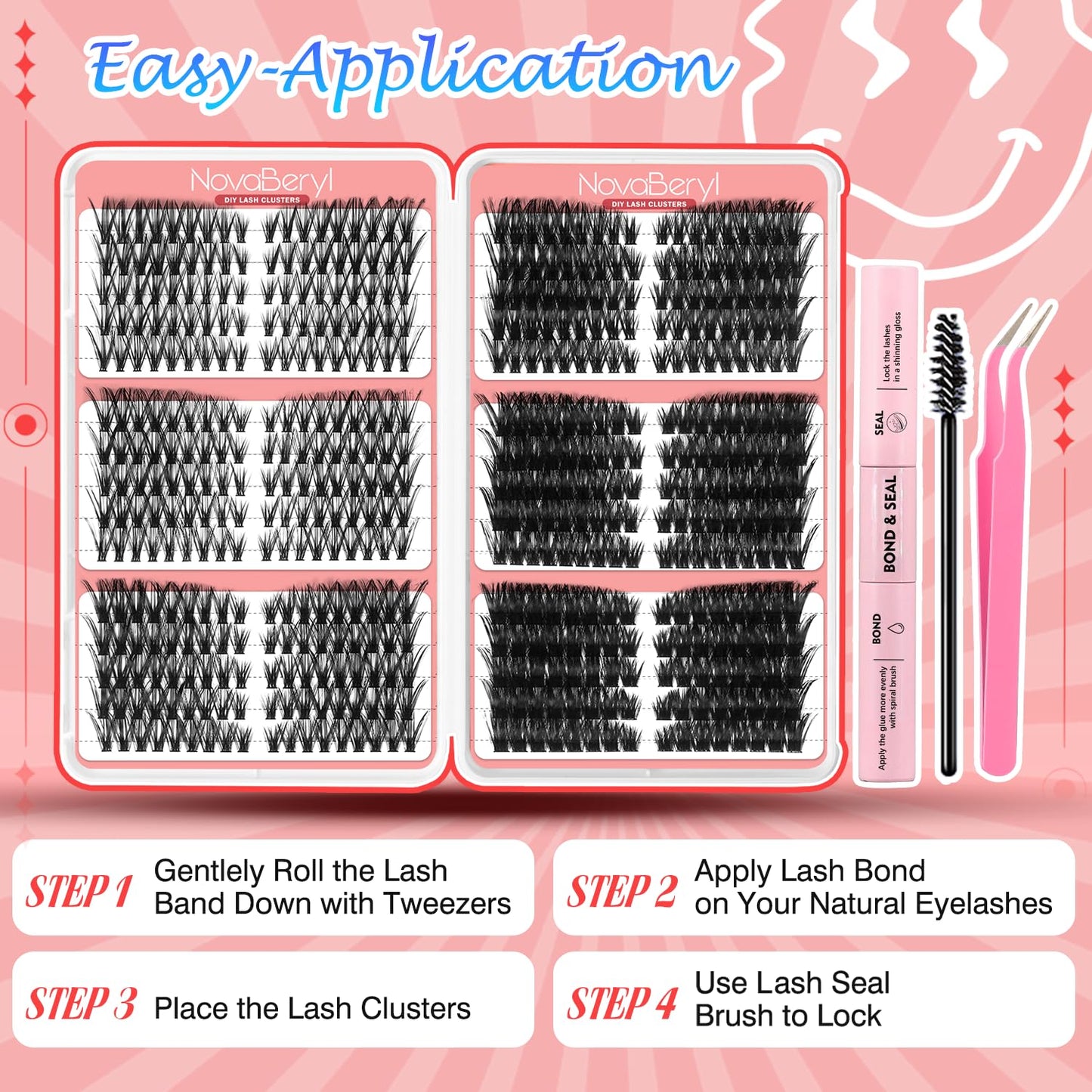 NovaBeryl Lash Clusters Kit–708PCS DIY Eyelash Extension Kit with Bond & Seal, C Curl 30D–100D 0.07mm Soft Individual Cluster Lashes for Natural, Fluffy & Volume Looks (TWEEZERS)