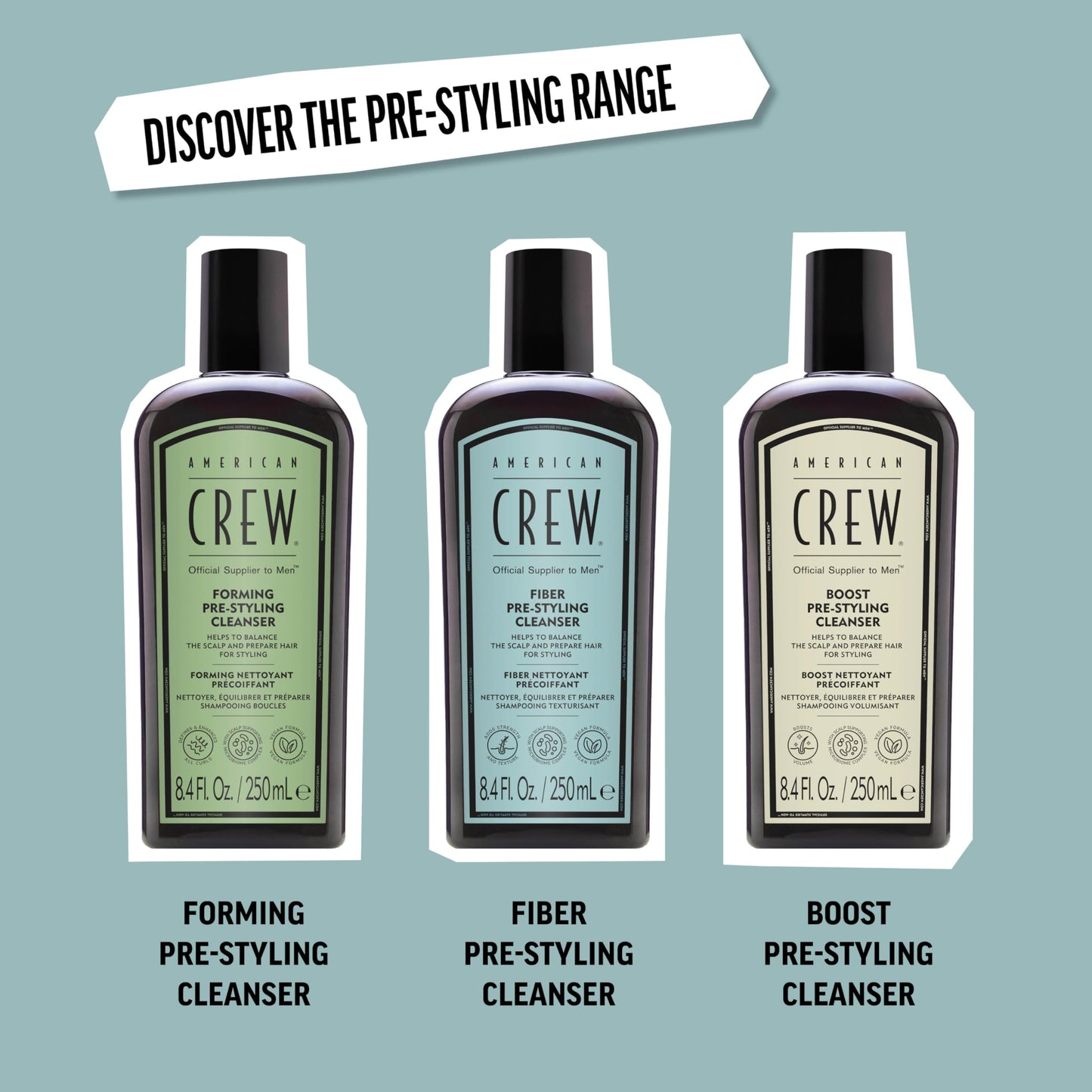 AMERICAN CREW Men's Pre-Styler Fiber Shampoo for Damaged & Fine Hair, Strengthening & Scalp Balancing, Adds Thickness & Shine, Vegan, 8.4 fl oz