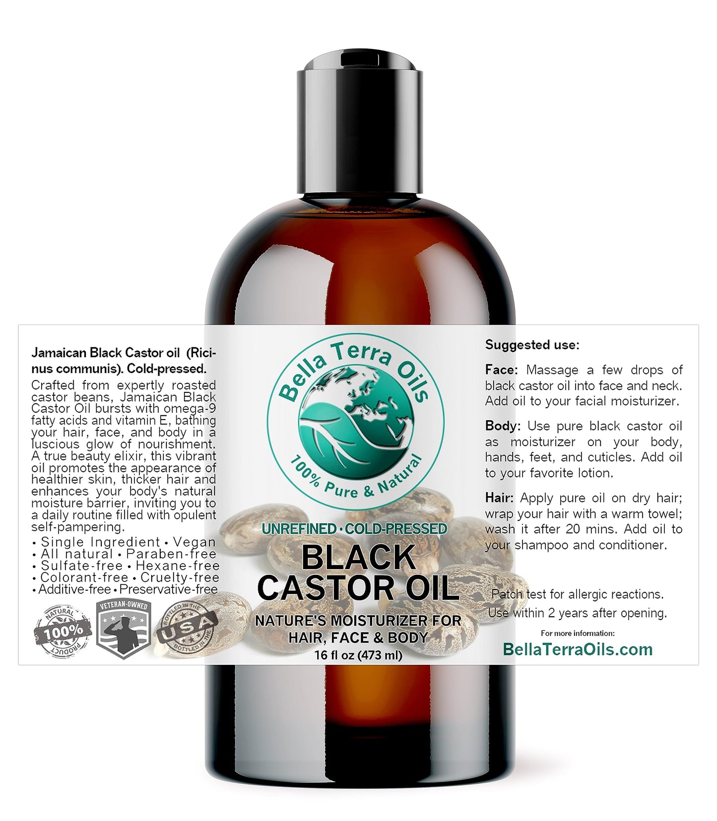 Bella Terra Oils - Jamaican Black Castor Oil 16 oz - Embrace the Richness, Enhanced with Essential Nutrients, For Silky-Smooth Skin