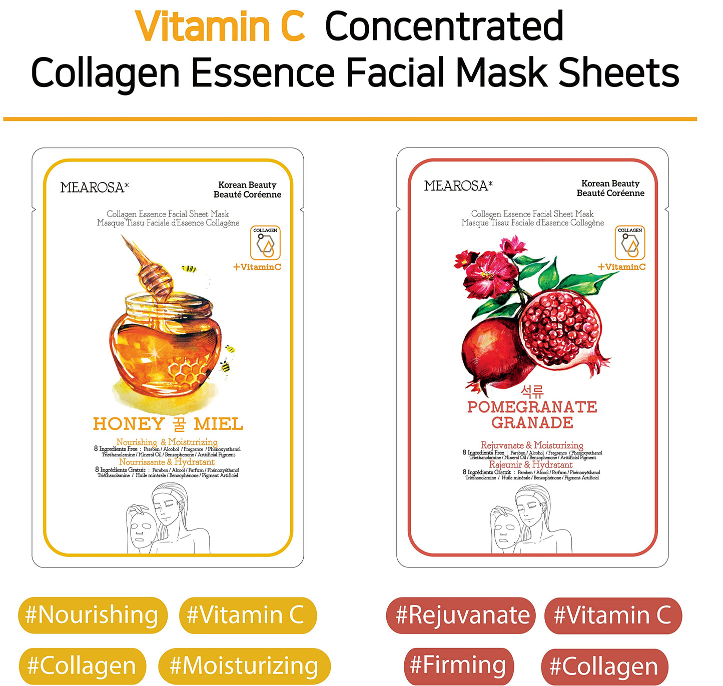MEAROSA DESIGN Vitamin C Collagen Firming Essence Face Mask Beauty Facial Mask Sheet Mask Korea Skin Care Premium Quality (8 pack)