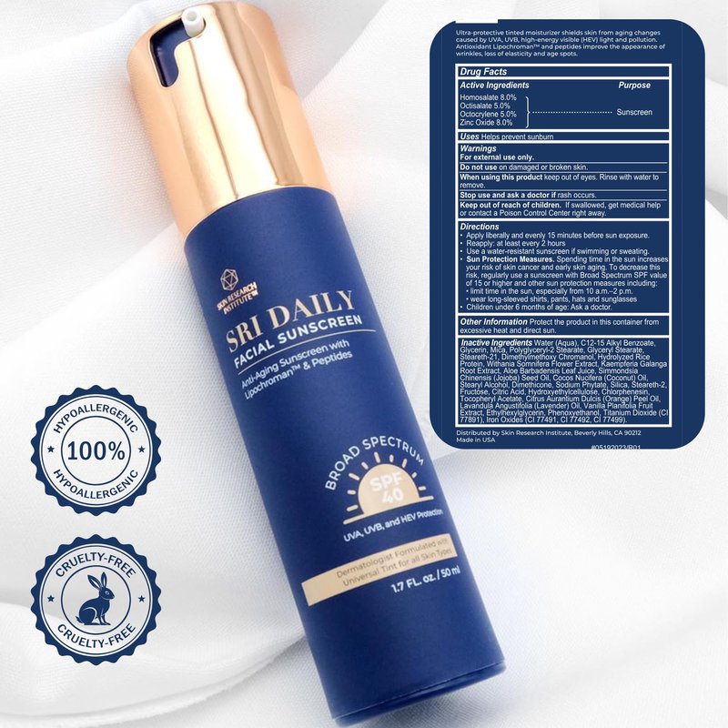 SRILabs Daily Facial Sunscreen - SPF 40 - Anti-Aging with Lipochroman & Peptides - Transparent Zinc Oxide - Universal tint & Weightless - 1.7 OZ