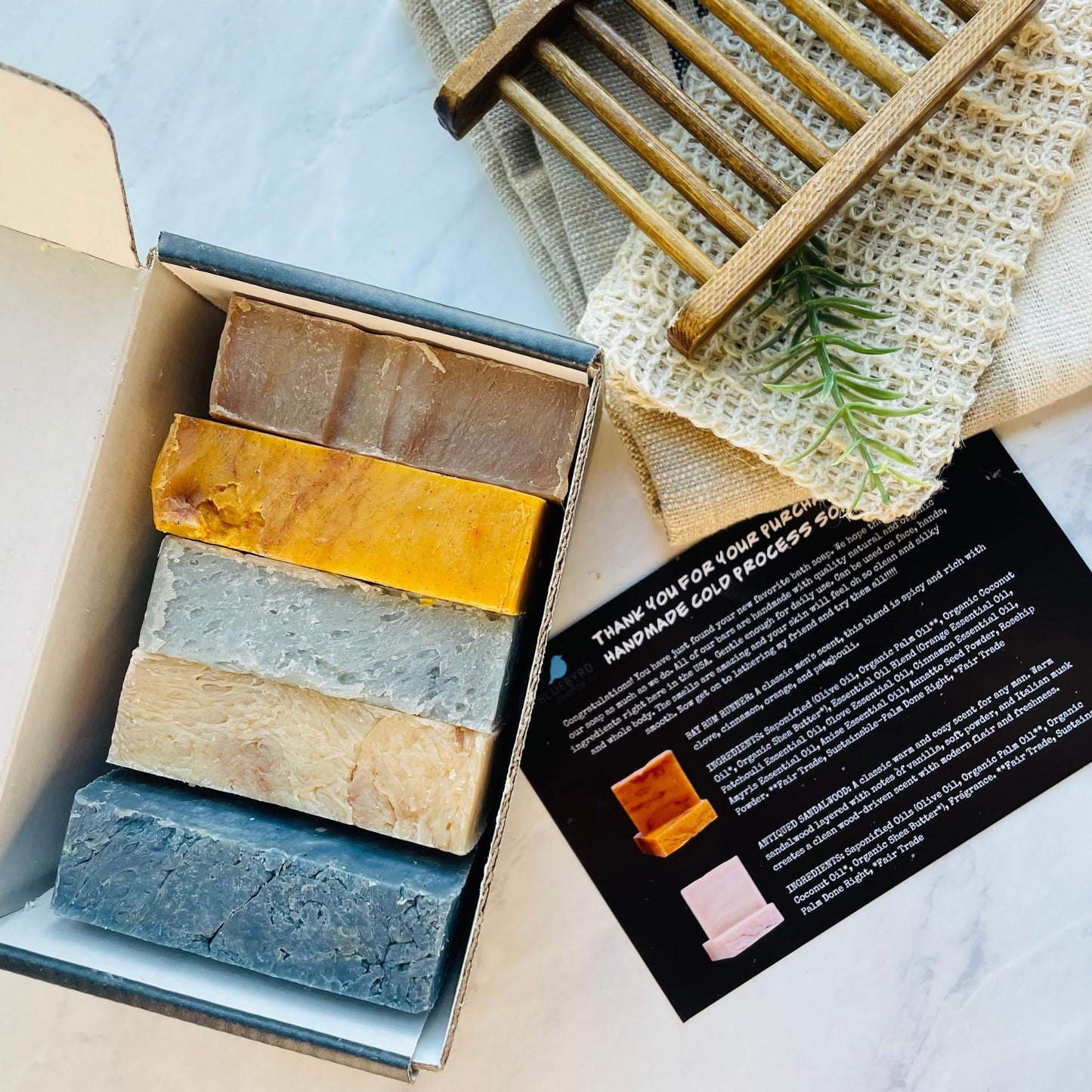 Bluebyrd Soap Co. Artisan 6 Pack Handmade Mens Soap Bars, Masculine Fragrance Scented Bar Soap for Men Variety Set, Natural Men's Exfoliating Soap Gift for Him, Mens Gift Pack, Sandalwood, Citrus Cedar Sage, Bay Runner, Deep Sea Pumice, Woods, Mountain, 4