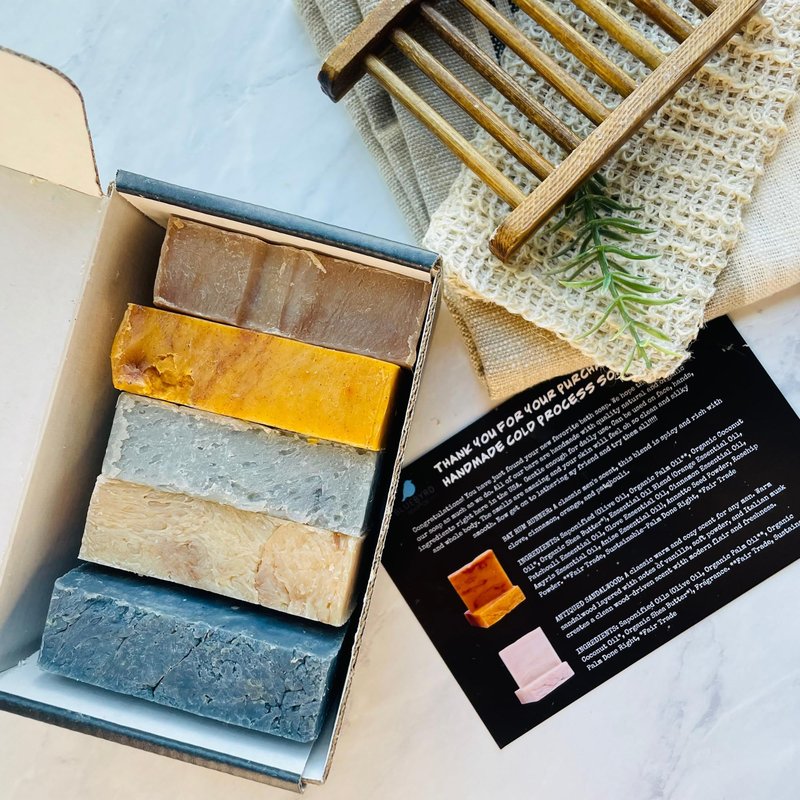 Bluebyrd Soap Co. Artisan 6 Pack Handmade Mens Soap Bars, Masculine Fragrance Scented Bar Soap for Men Variety Set, Natural Men's Exfoliating Soap Gift for Him, Mens Gift Pack, Sandalwood, Citrus Cedar Sage, Bay Runner, Deep Sea Pumice, Woods, Mountain, 4