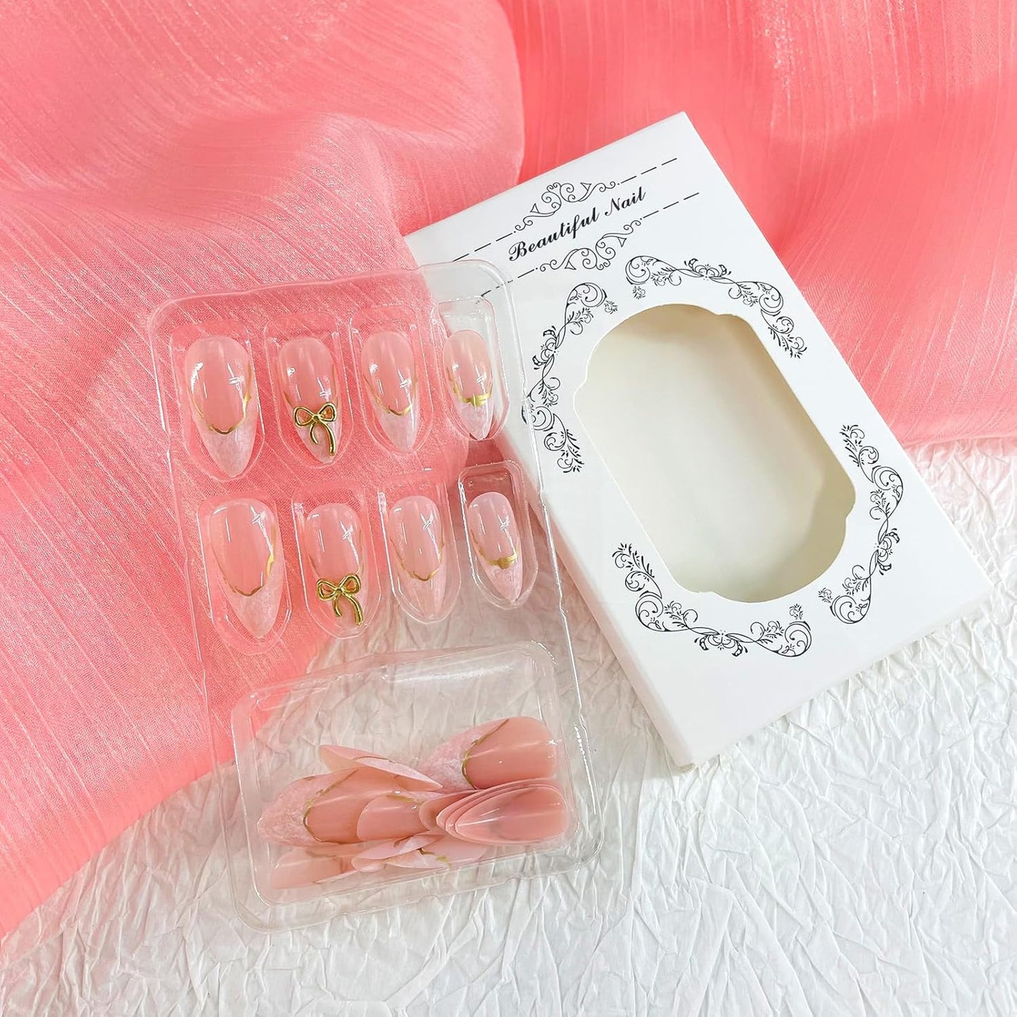 French Tip Almond Press-On Nails with Gold Bow | Reusable Glossy Acrylic False Nails for Women