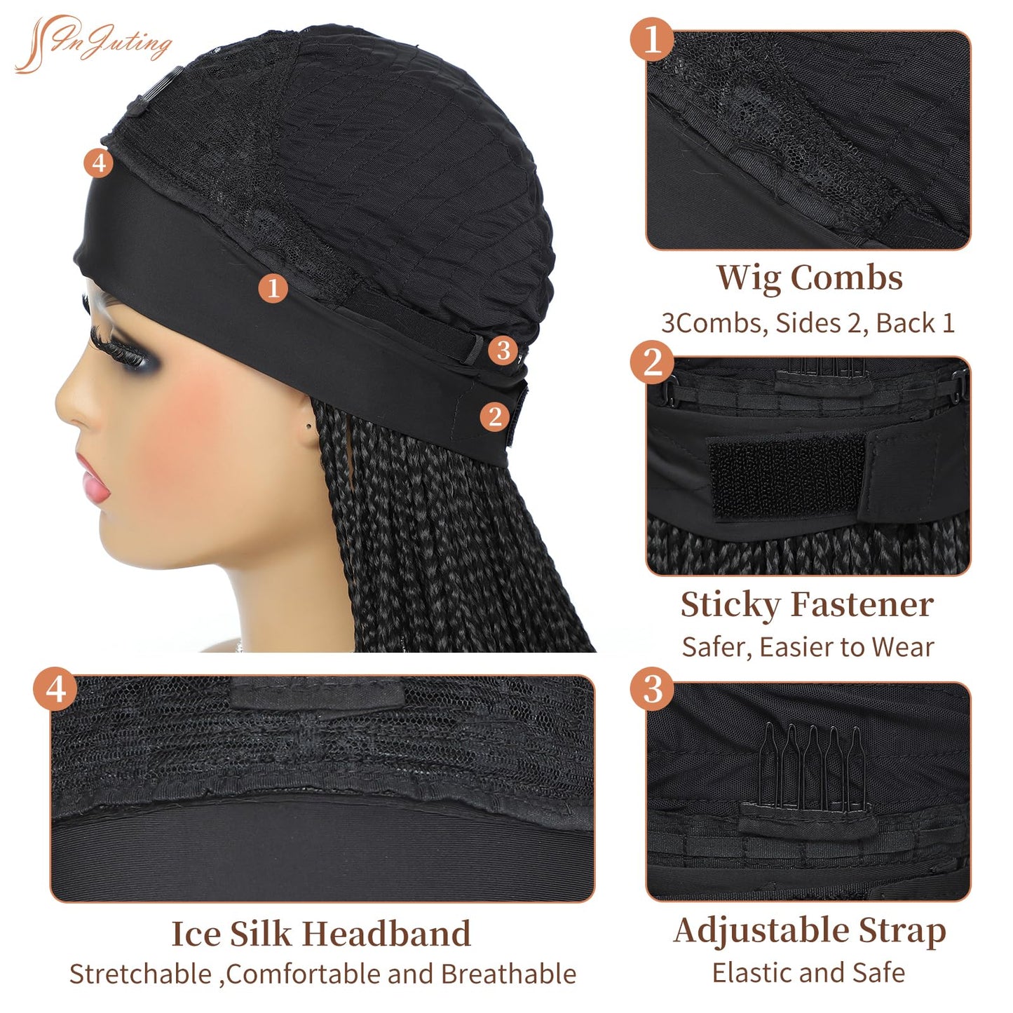 InJuting Hair Headband Box Braids Wig for Women Long Braided Synthetic Wig Stylish and Versatile Jumbo Box Braided Wig (M1B/30) (M1B/30)