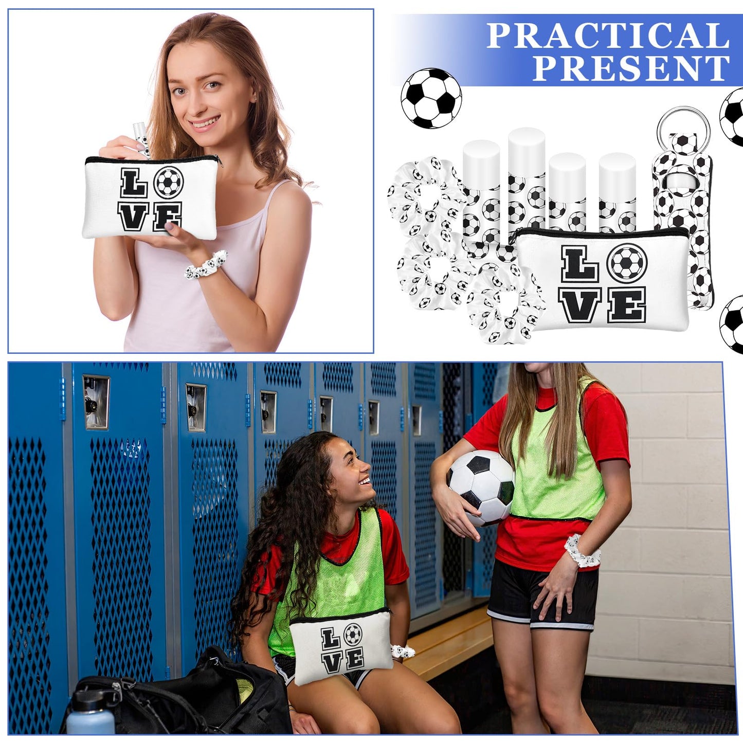 Locmeo 48 Pcs Soccer Team Gifts Include 12 Makeup Bags, 12 Hair Scrunchies, 12 Lip Balms, 12 Lip Balm Holders for Soccer Players, Girl Sports Team Accessories