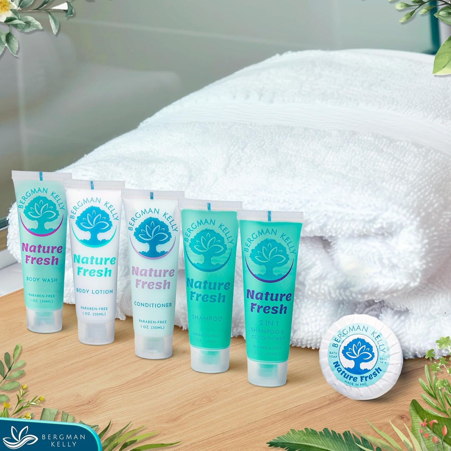 Bergman Kelly Round Hotel Soap Bars & Mini Travel Toiletries Set - Refreshing Shampoo & Conditioner | 1 oz Each, 150 Pieces