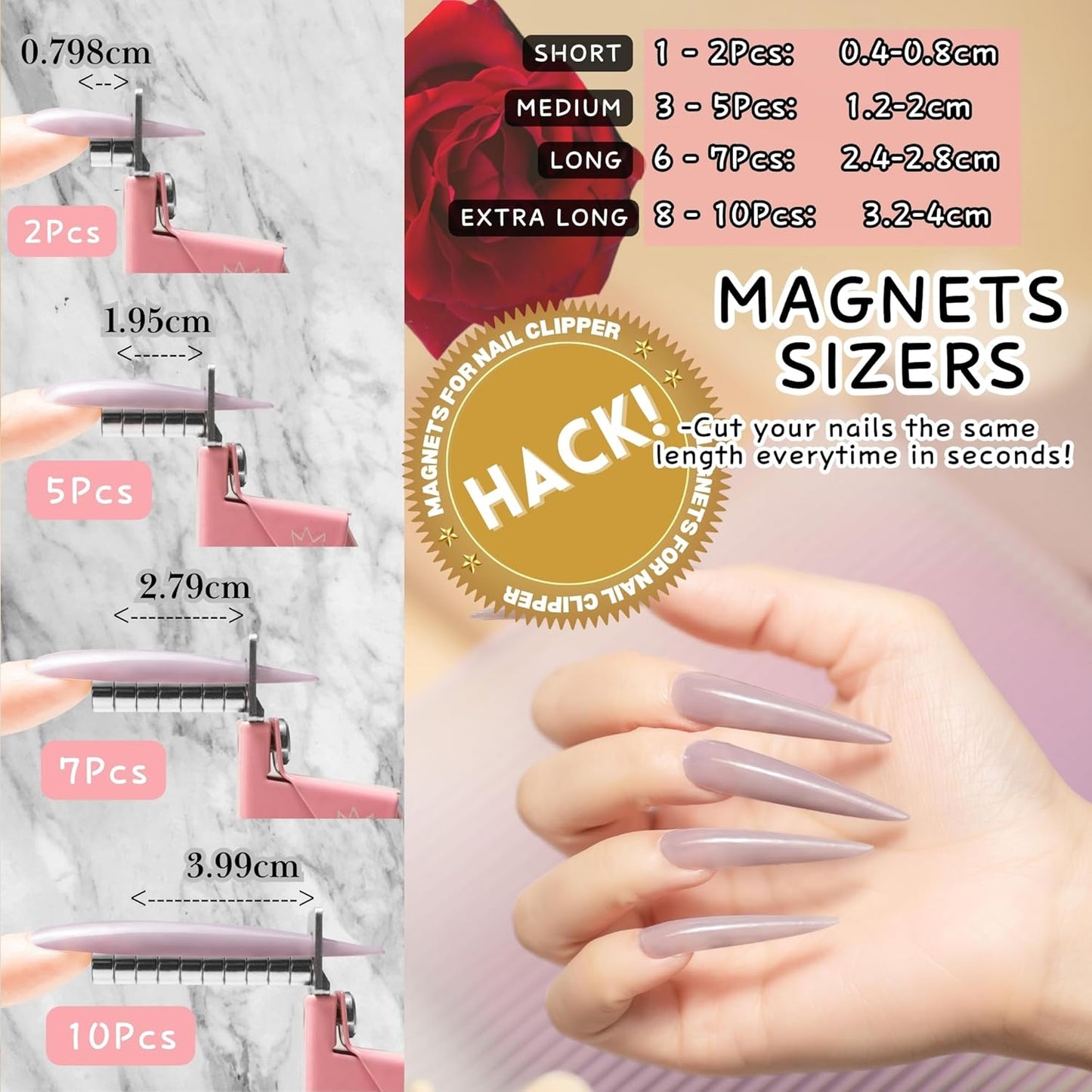 Yaya Acrylic False Nail Clippers with Magnets,Nail Cutters for Nail Tips,Nail Tip Cutter with Length Measurement, Acrylic Nail Cutter with Sizer Magnets, Manicure Tool for Salon Home Nail Art.