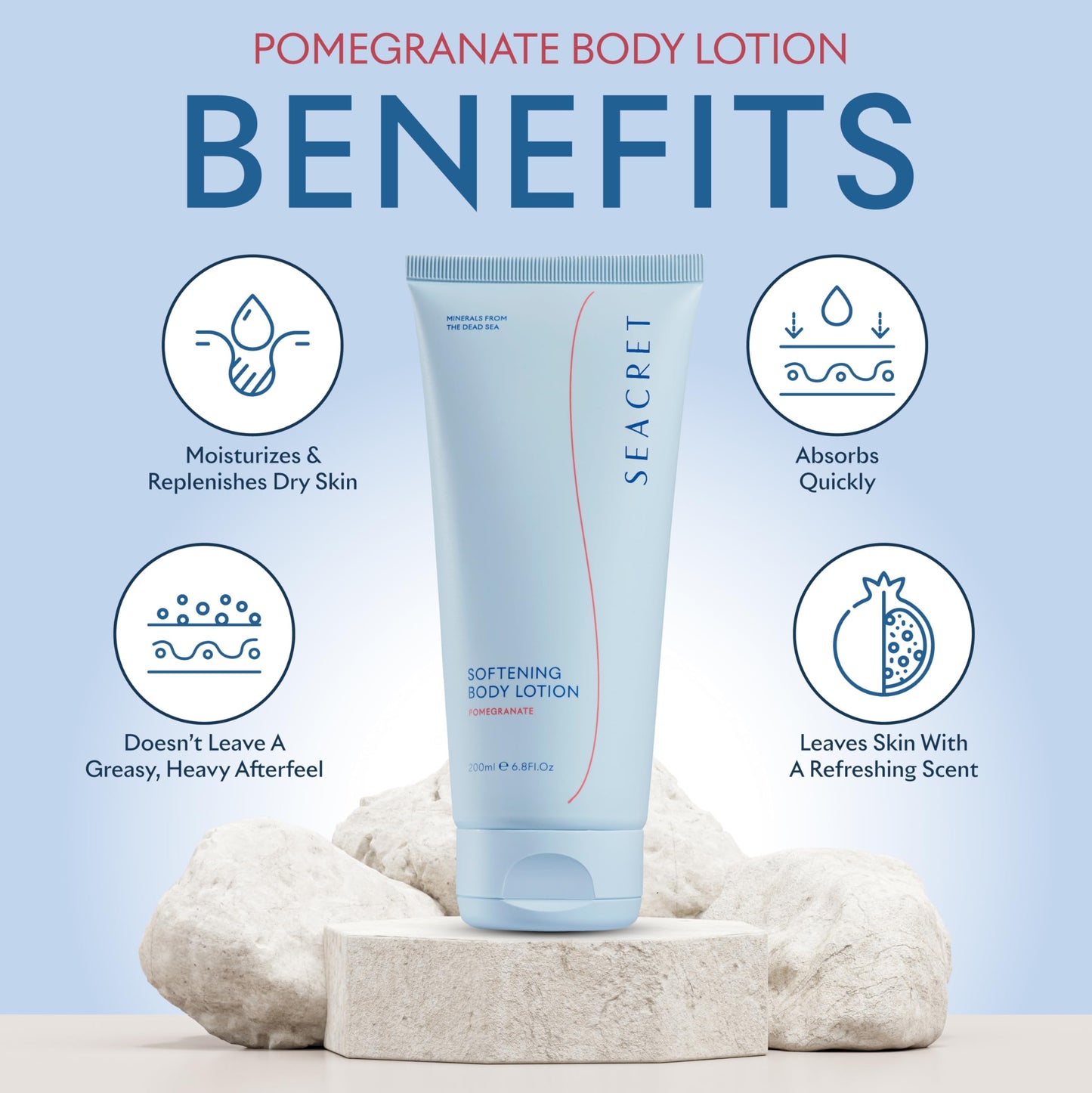 SEACRET Body Lotion for Dry Skin - Daily Moisturizing Lotion with Ceramide, Squalane, Shea Butter & Dead Sea Minerals, Fast-Absorbing Non-Greasy Formula - Pomegranate Scent, 6.8 Fl Oz / 200 ml