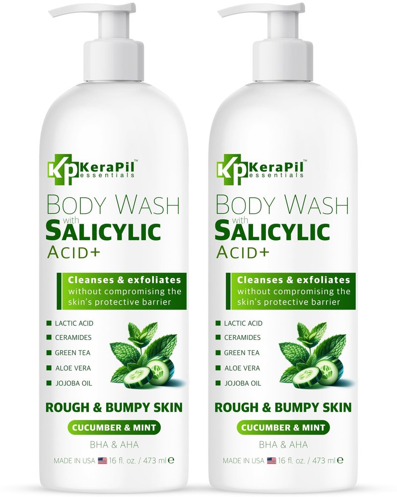 KERAPIL Exfoliating Body Wash with Salicylic Acid - No Dry Out, Gentle Exfoliates Rough and Bumpy Skin, Body Acne Wash, BHA & AHA - Cucumber and Mint Salicylic Acid Body Wash - (16 fl oz)