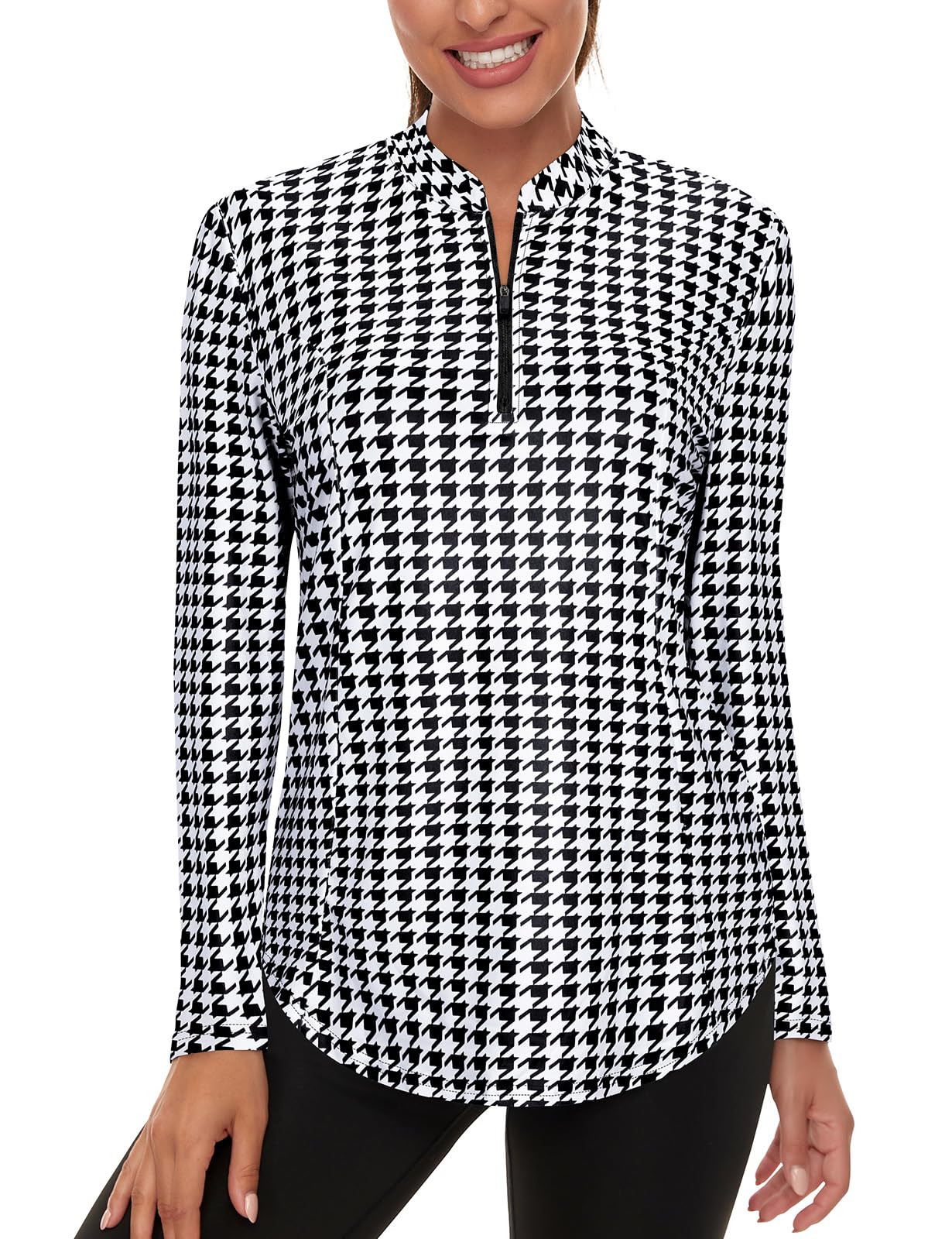 Misyula Quarter Zip Long Sleeve Athletic Shirts for Women Moisture Wicking Golf Tennis Yoga Hiking Running Workout Tops Black-Houndstooth L