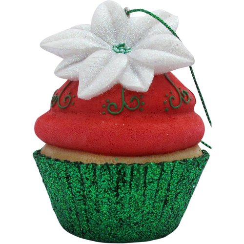 Jillson Roberts Christmas Cupcake Ornament, Red Poinsettia Glitter