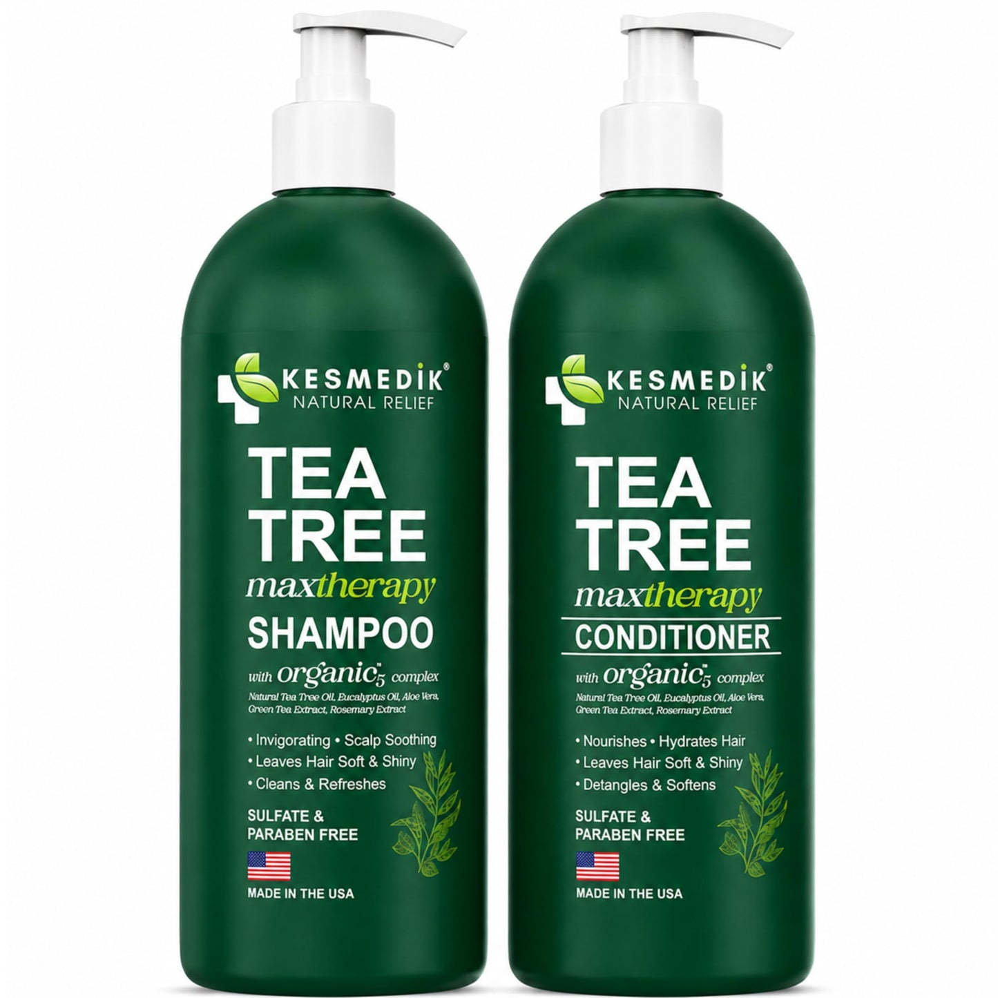 KESMEDIK Tea Tree Shampoo and Conditioner Set MaxTherapy with 100% Tea Tree Oil for Hair, Helps Refresh Itchy Scalp, Deep Clean Oily Hair, Dandruff & Buildup, Sulfate-Free, Women & Men, 16 fl oz Each