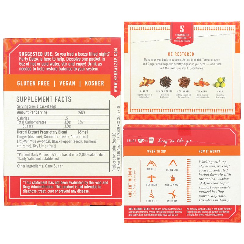 Herbal Zap! Party Detox Support Supplement Powder (25 Packets Per Box) – Ancient Ayurvedic Herbal Blend, Dissolves in Hot or Cold Water, 0.14 Oz Ea