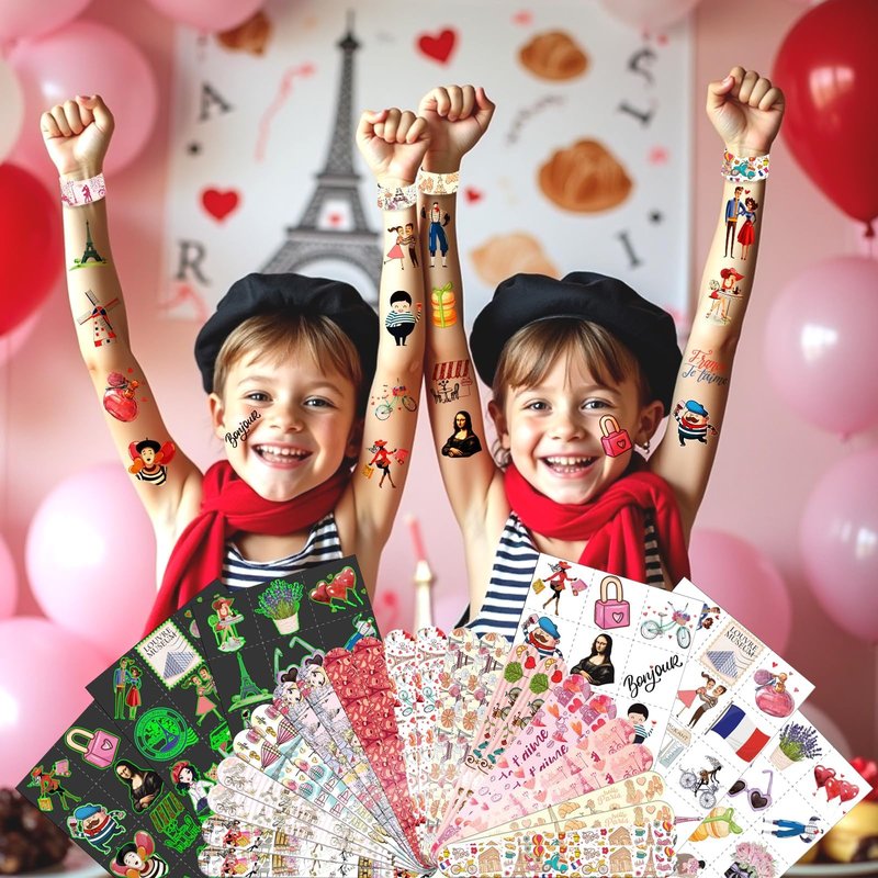 BOIKOKY 96 PCS Paris Party Favors Set – 72 Temporary Tattoos & 24 Slap Bracelets for Kids, Paris Themed Party Decorations & Gifts, Ideal Paris Souvenirs and Decor Toys
