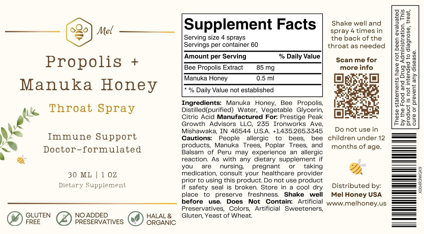 DELUXE SCOOTERS Propolis Throat Spray with Manuka Honey & Bee Propolis By Mel Honey, Soothing Throat Comfort, Immune Support, Gluten-Free, Alcohol-Free, Non-GMO, Keto, 1.01 fl oz
