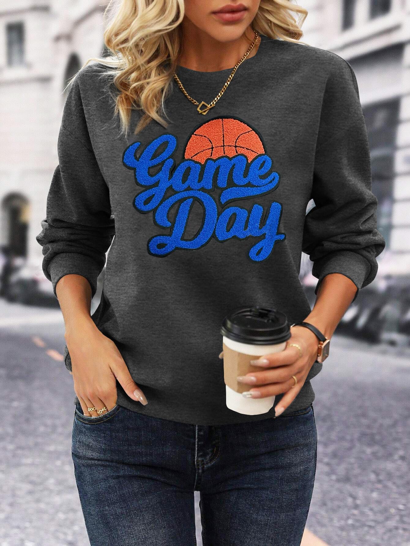 PICKID Basketball Game Day Sweatshirt for Women Game Day Chenille Patch Shirts Basketball Graphic Long Sleeve Tops Grey