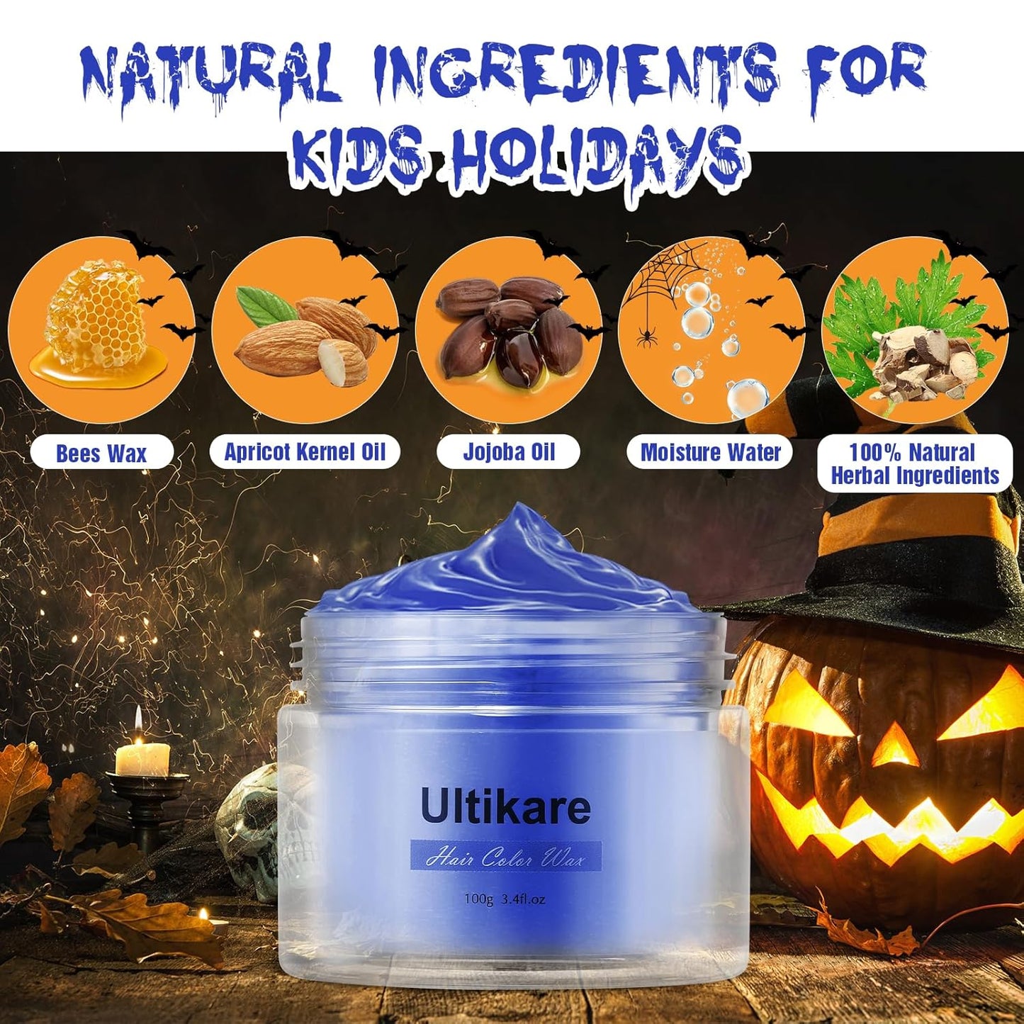 Temporary Hair Color for Kids, Ultikare Orange Hair Dye Washable Natural Hair Wax Color Chalk Mud Cream DIY Hairstyle Clay For Dark Hair Halloween, Cosplay, Party, Christmas Gift Girls 3.4 Fl Oz