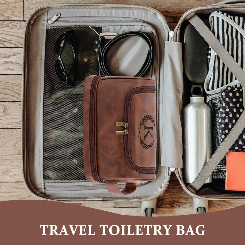 Aganmi Travel Essentials Accessories Initial Letter Hanging Toiletry Bag for Men, Personalized PU Leather Waterproof Travel Size Toiletries Storage Organizer Shaving Bag for Men, Reddish Brown R