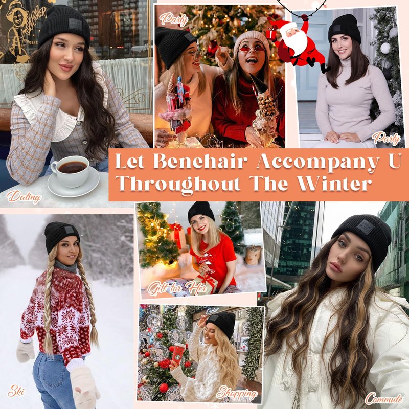 Benehair Beanie Wig Hair Extensions, Knitted Hats with Synthetic Bob Wig Hairpieces for Women Winter, 11 Inch Short Straight Dark Brown Hair with Blue & White Stripe Beanie