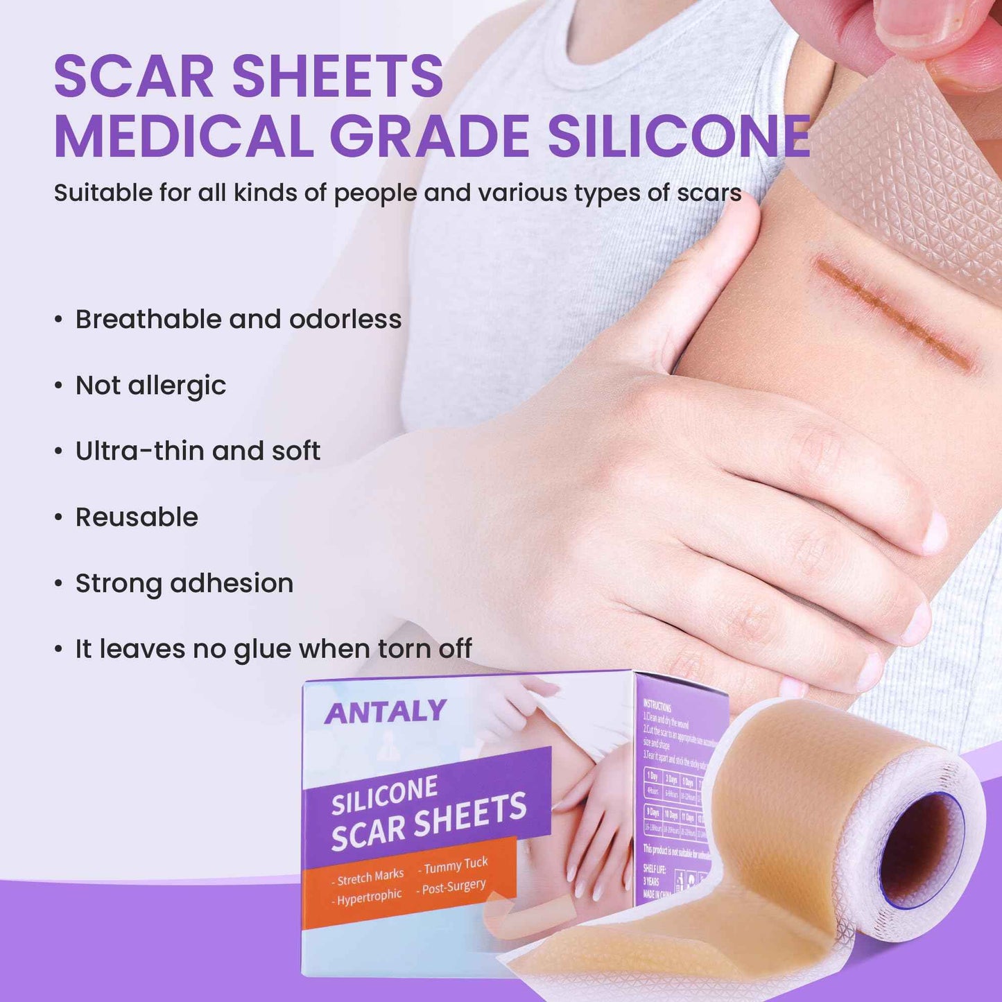 Antaly Silicone Scar Sheets, Silicone Scar Tape, Medical Grade Skin Patches for Surgical Scars, Keloid Bump Removal, C-Section, Stretch Marks, Hypertrophic, Post-Surgery-1.6"X 79" Roll, 2M