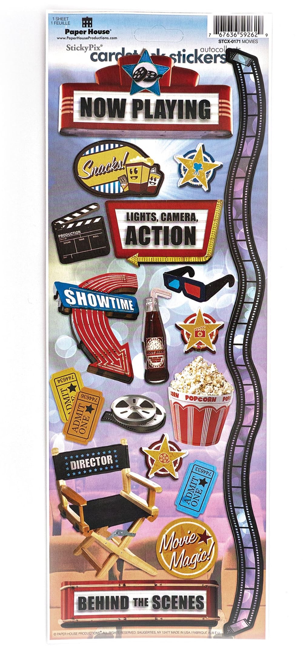 Paper House Productions Cardstock Sticker Sheet for Crafts, Scrapbooking & Collecting - Movie Night