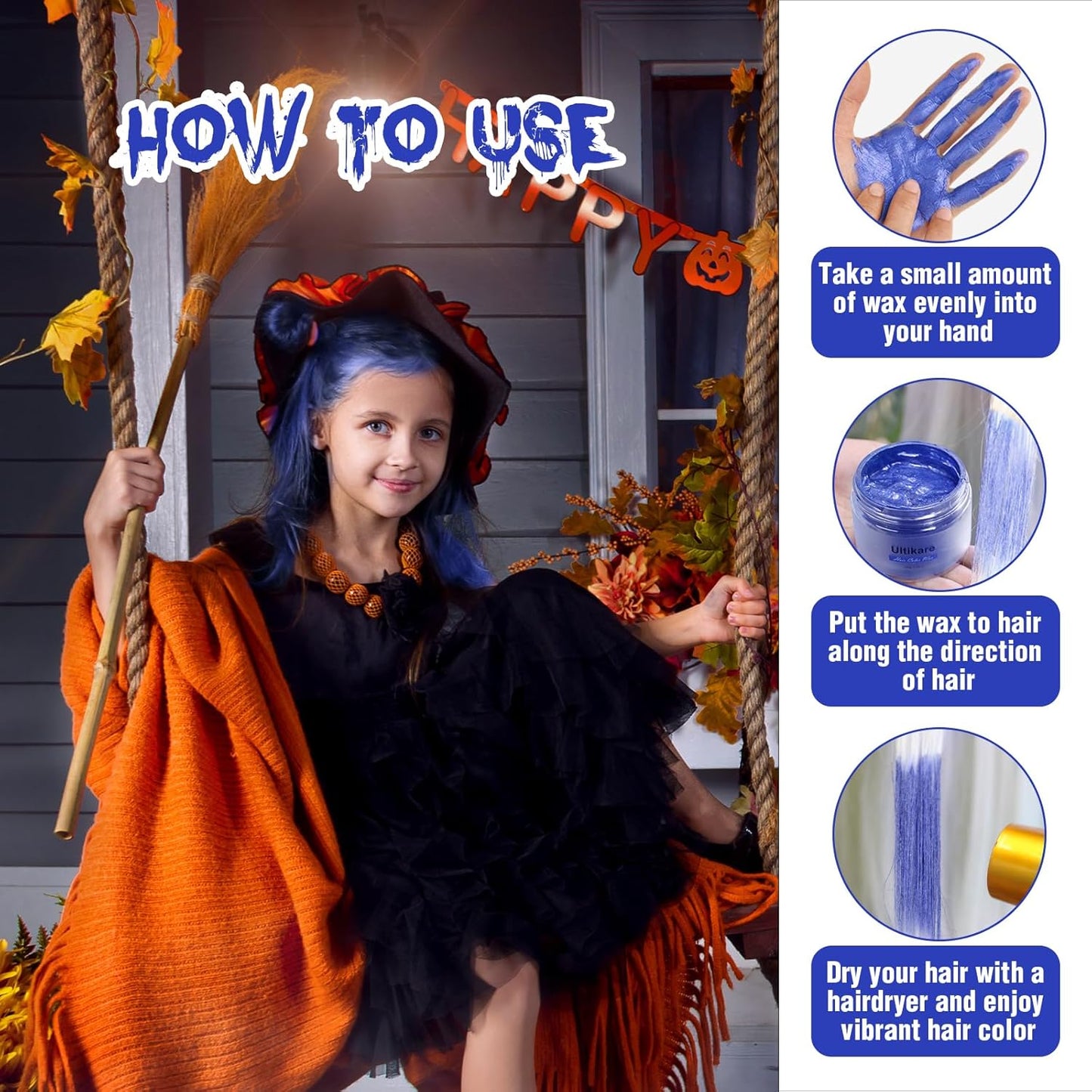 Temporary Hair Color for Kids, Ultikare Orange Hair Dye Washable Natural Hair Wax Color Chalk Mud Cream DIY Hairstyle Clay For Dark Hair Halloween, Cosplay, Party, Christmas Gift Girls 3.4 Fl Oz