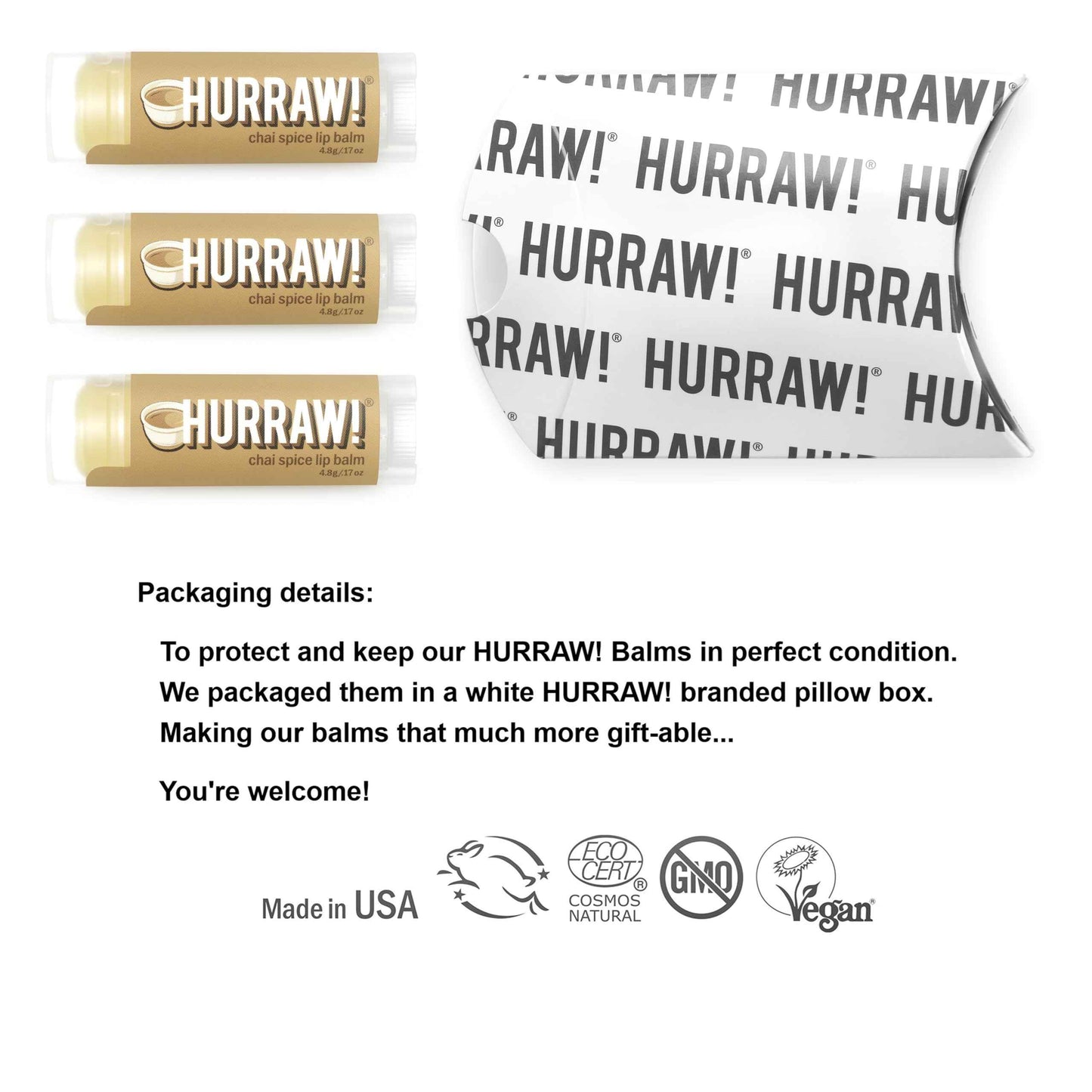 Hurraw! Chai Spice Lip Balm, 3 Pack: Organic, Certified Vegan, Cruelty and Gluten Free. Non-GMO, 100% Natural Ingredients. Bee, Shea, Soy and Palm Free. Made in USA