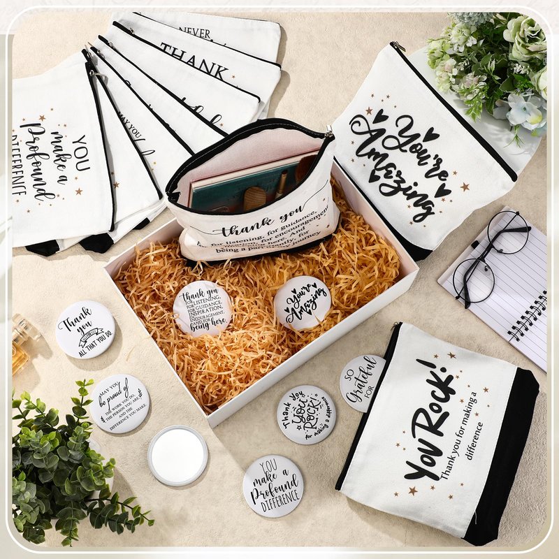 Paterr 20 Pcs Thank You Gift Bulk Employee Appreciation for Women Inspirational Canvas Makeup Bags with Zipper and Mini Compact Mirrors Gift for Coworkers Staff Nurse Girls Teacher Friend