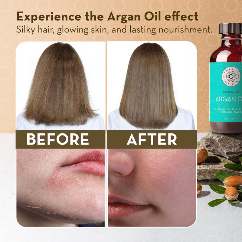Pure Body Naturals Argan Oil for Skin and Face - 4 fl oz Cold Pressed, Light, Non-Greasy, Nourishing Pure Argan Oil for Hair - Aceite de Argan