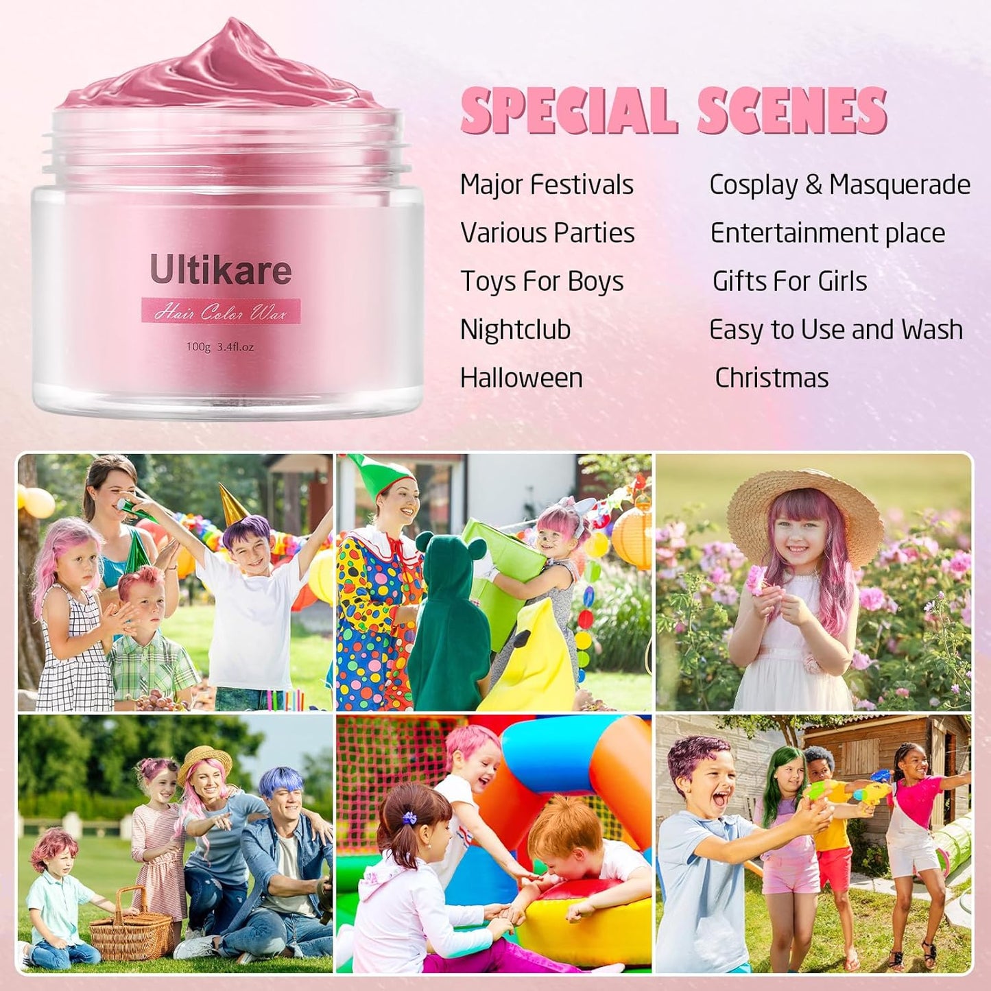 Temporary Hair Color for Kids, Ultikare Orange Hair Dye Washable Natural Hair Wax Color Chalk Mud Cream DIY Hairstyle Clay For Dark Hair Halloween, Cosplay, Party, Christmas Gift Girls 3.4 Fl Oz