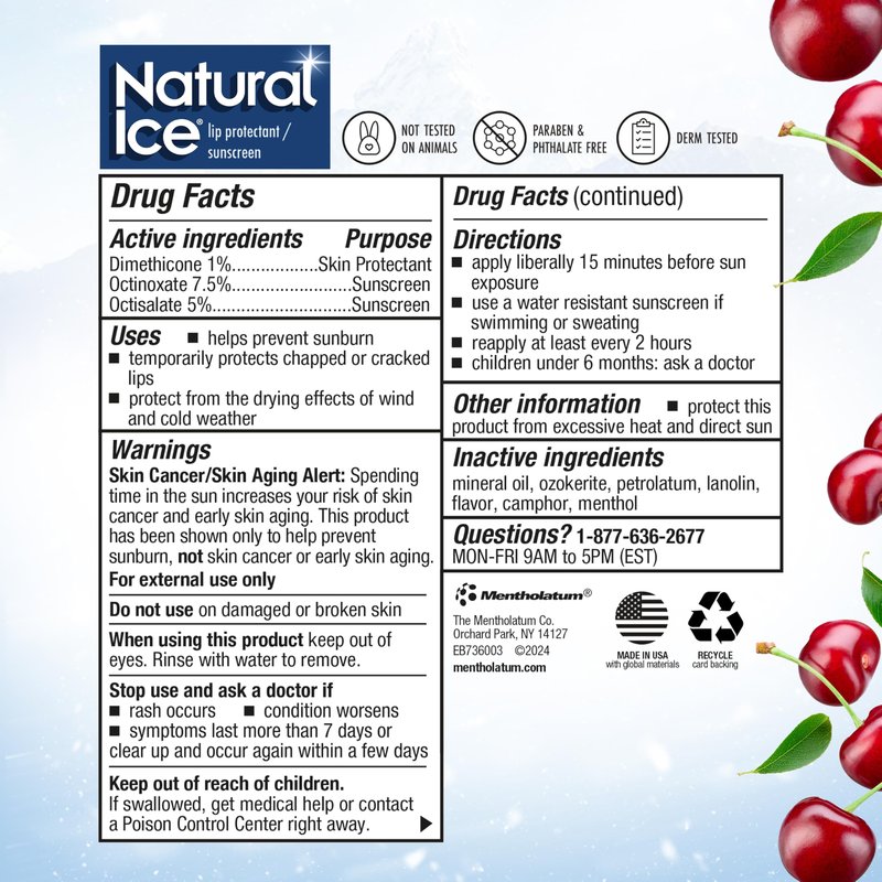 Mentholatum Natural Ice Cherry Flavor Medicated Lip Balm, Hydrating Lip Care for Dry, Chapped Lips, Moisturizing Formula with SPF 15 Helps Prevent Sunburn, Protection for Smooth, Soft Lips 48 Count