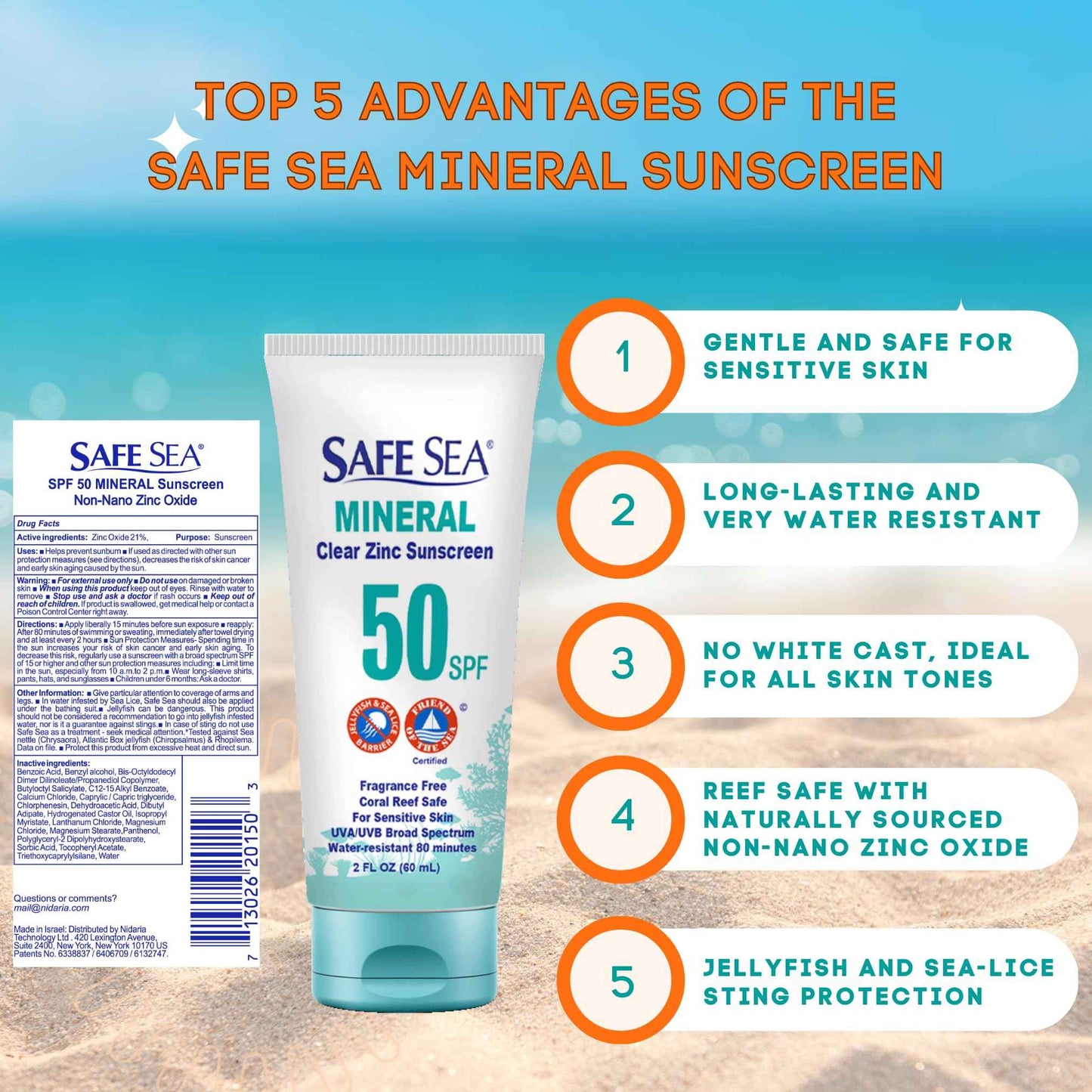 Safe Sea Zinc Oxide Sunscreen SPF50 | Clear Mineral Face Sunscreen | Anti-Jellyfish Sting Protective Lotion | Coral Reef Safe | Travel Size - 2Oz (60ml), Pack of 1