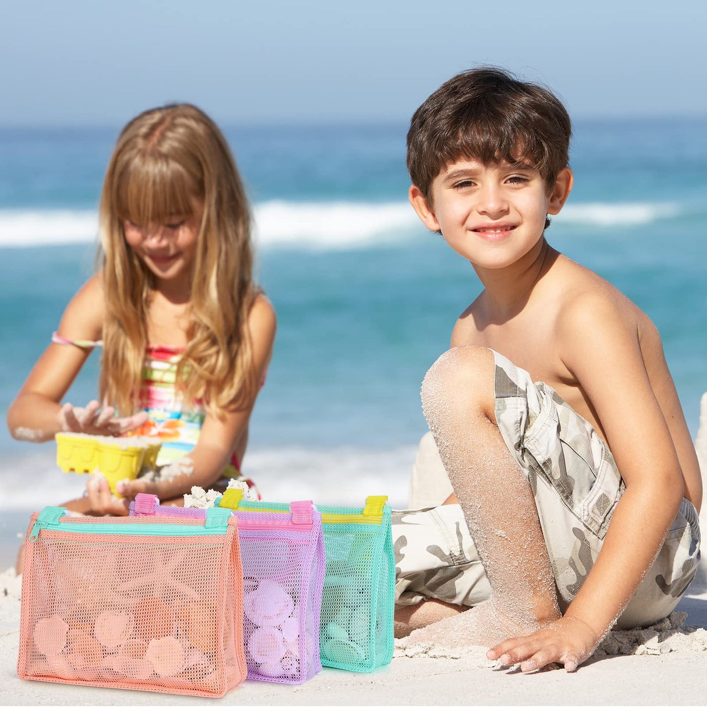 Tagitary Beach Toy Mesh Beach Bag Kids Shell Collecting Bag Beach Sand Toy Shells Beach Toys Swimming Accessories for Boys and Girls(Only Bags,A Set of 3)