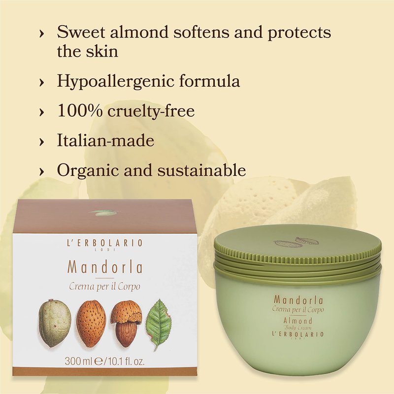 L'Erbolario Body Cream - Moisturizing Body Butter for Dry Skin with Almond Oil - Nourishing, Toning and Elasticizing Skin Care - Almond - 10.1 oz