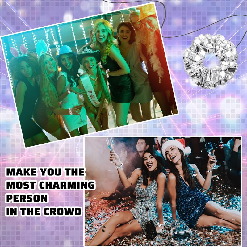 Lyrow 24 Pack Disco Ball Party Favors Sequin Bulk Hair Scrunchies Silver Shiny Glitter Sparkle Disco Metallic Accessories for 80s 90s Gift Birthday Western Bridal Shower Bachelorette (Silver)